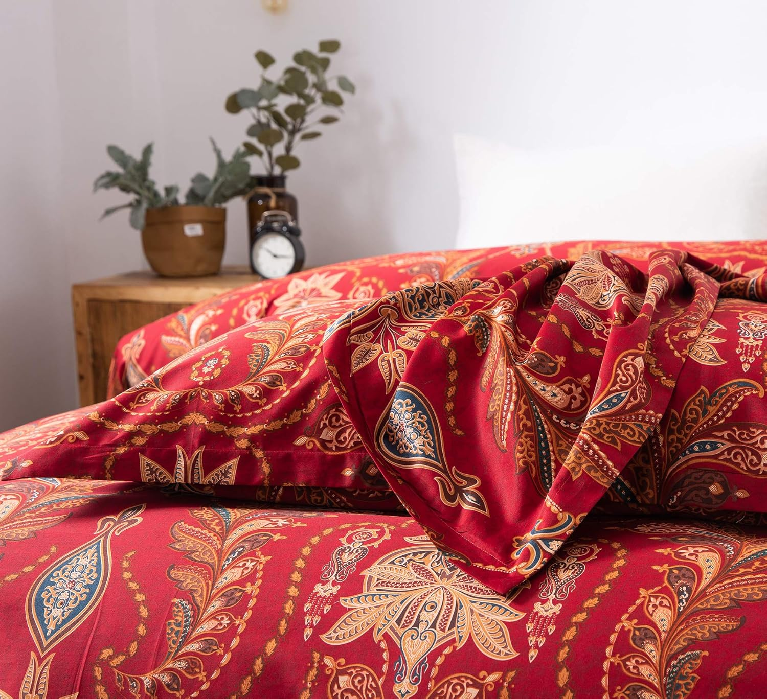 Eikei Italian Bohemian Paisley Duvet Cover 3Pc Set Boho Bedding Boteh Damask Medallion 400TC Egyptian Cotton Sateen Luxury European Traditional Style Bed Linen (Red Teal, Super King) image number 4