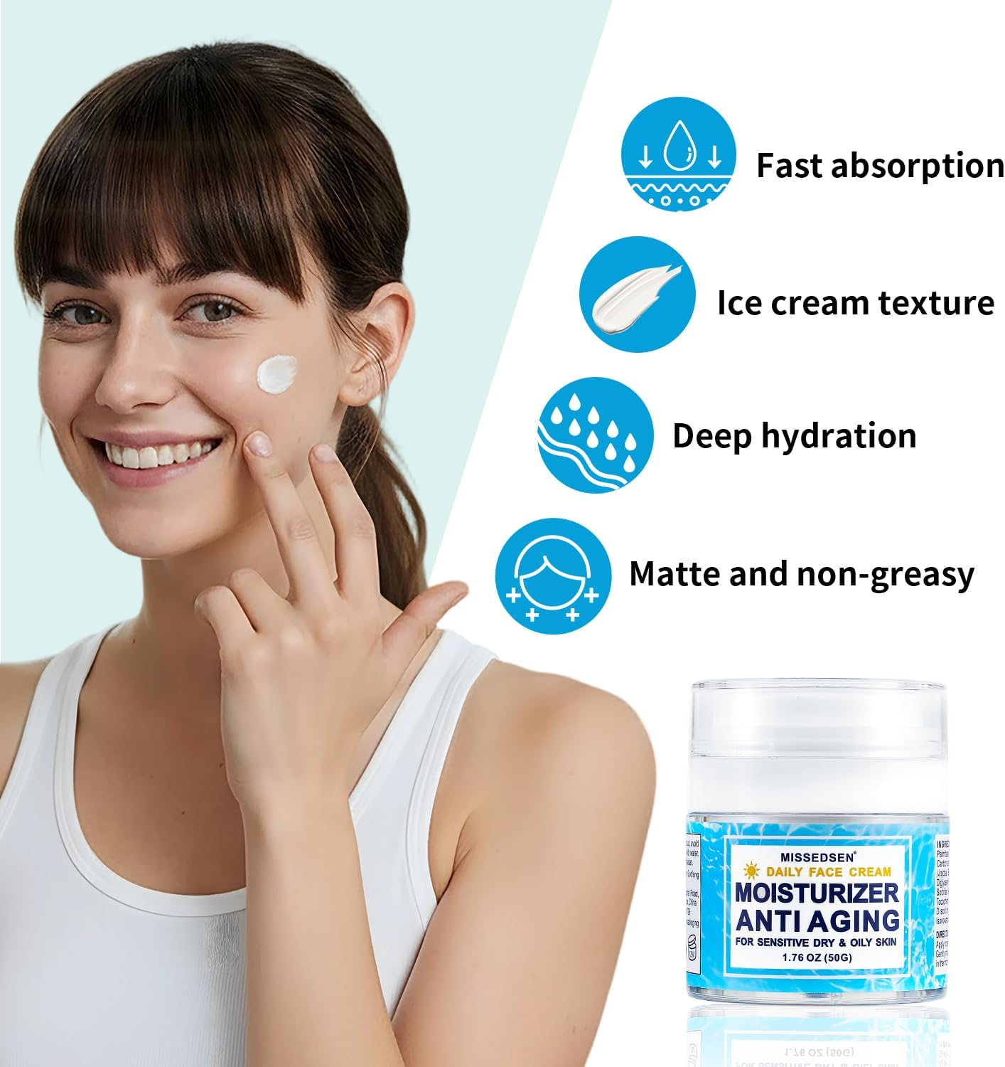 MISSEDSEN Day Cream Brightening & Anti-Aging Day Face Moisturizer for All Skin Types 50G for Sensitive, Dry, Oily, Dull Skin & Dark Spots Skin image number 2