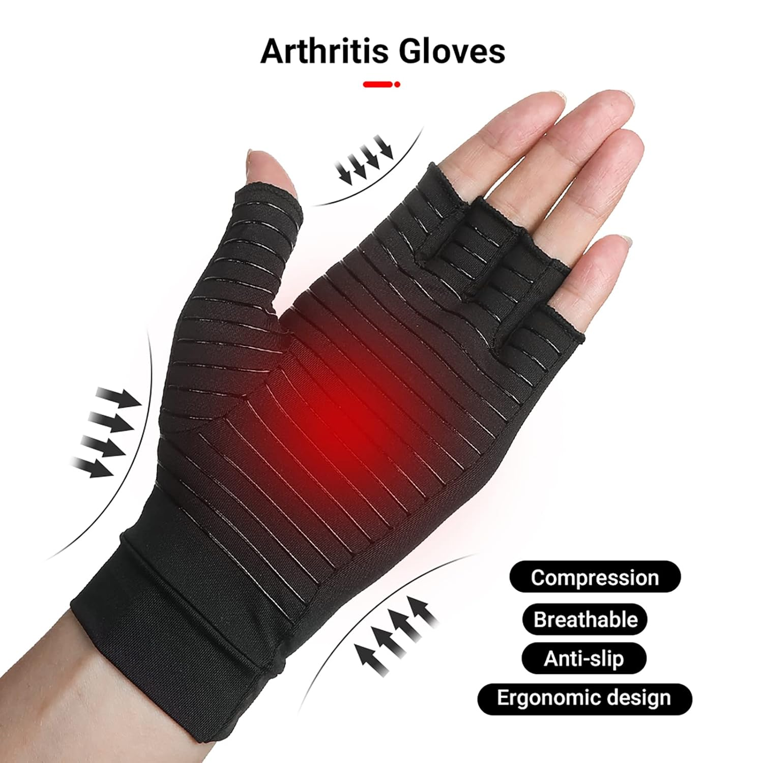 Mokigol Copper Arthritis Gloves, Copper Infused Fingerless Glove for Arthritis Pain to Alleviate Carpal Tunnel, Rheumatoid, Tendonitis, Computer Typing and Daily Work Fits Women & Men, Black, Medium image number 3