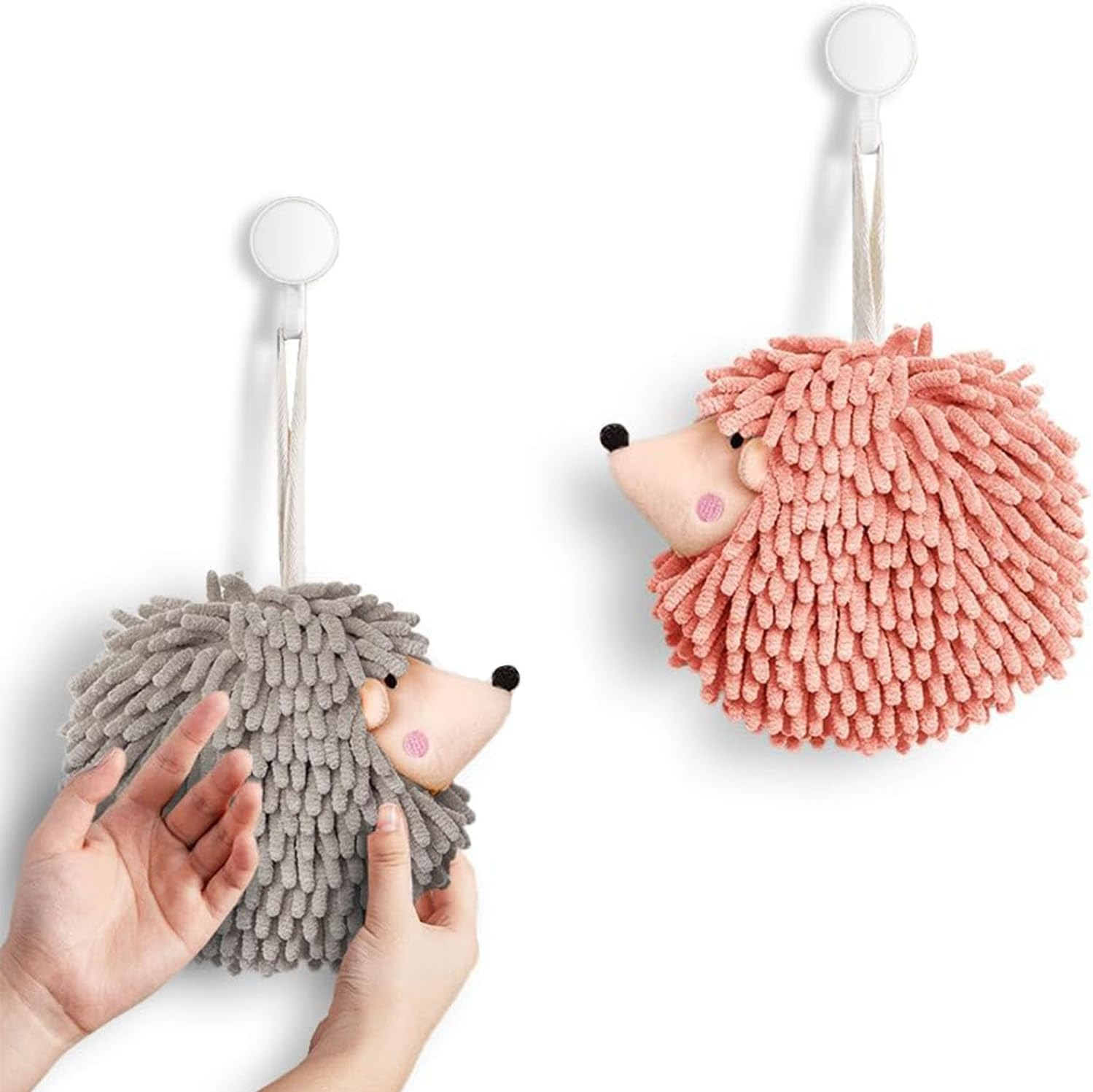 2 Pack Hand Drying Puff Towel Balls, Creative Decorative Bath Towel Set for Bathroom Kitchen Hedgehog Decorative Towels for Bathroom, Dry Your Hands Instantly and Conveniently (Pink and Gray)