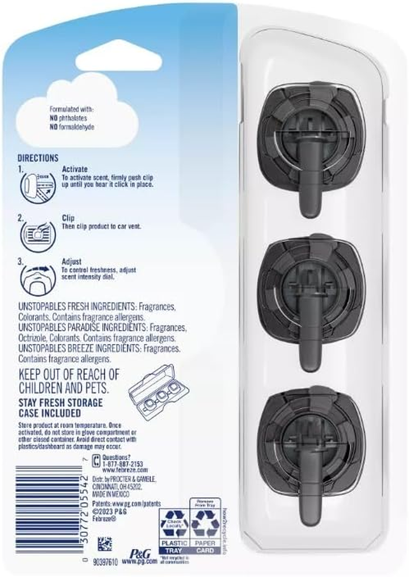Febreze Car Air Freshener Vent Clip Unstopables Scents Variety Pack, 07 Oz. Car Vent Clip, 3-Count