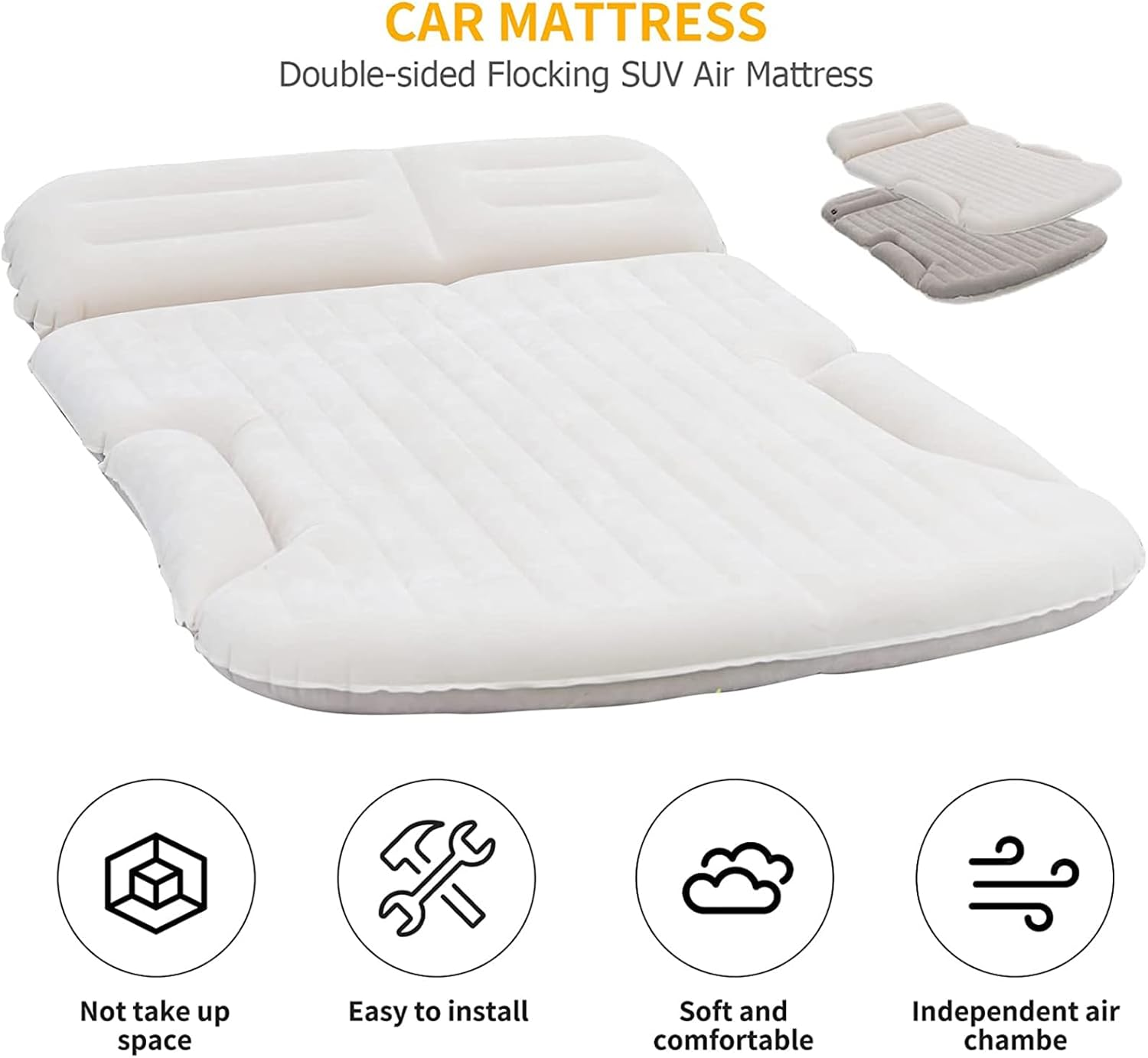 KMZ SUV Air Mattress Thickened and Double-Sided Flocking Travel Camping Bed with 2 Pillows & Electric Pump Dedicated Mobile Cushion Inflatable Bed for SUV Trunk and Rear Seat (Beige and Coffee) image number 1