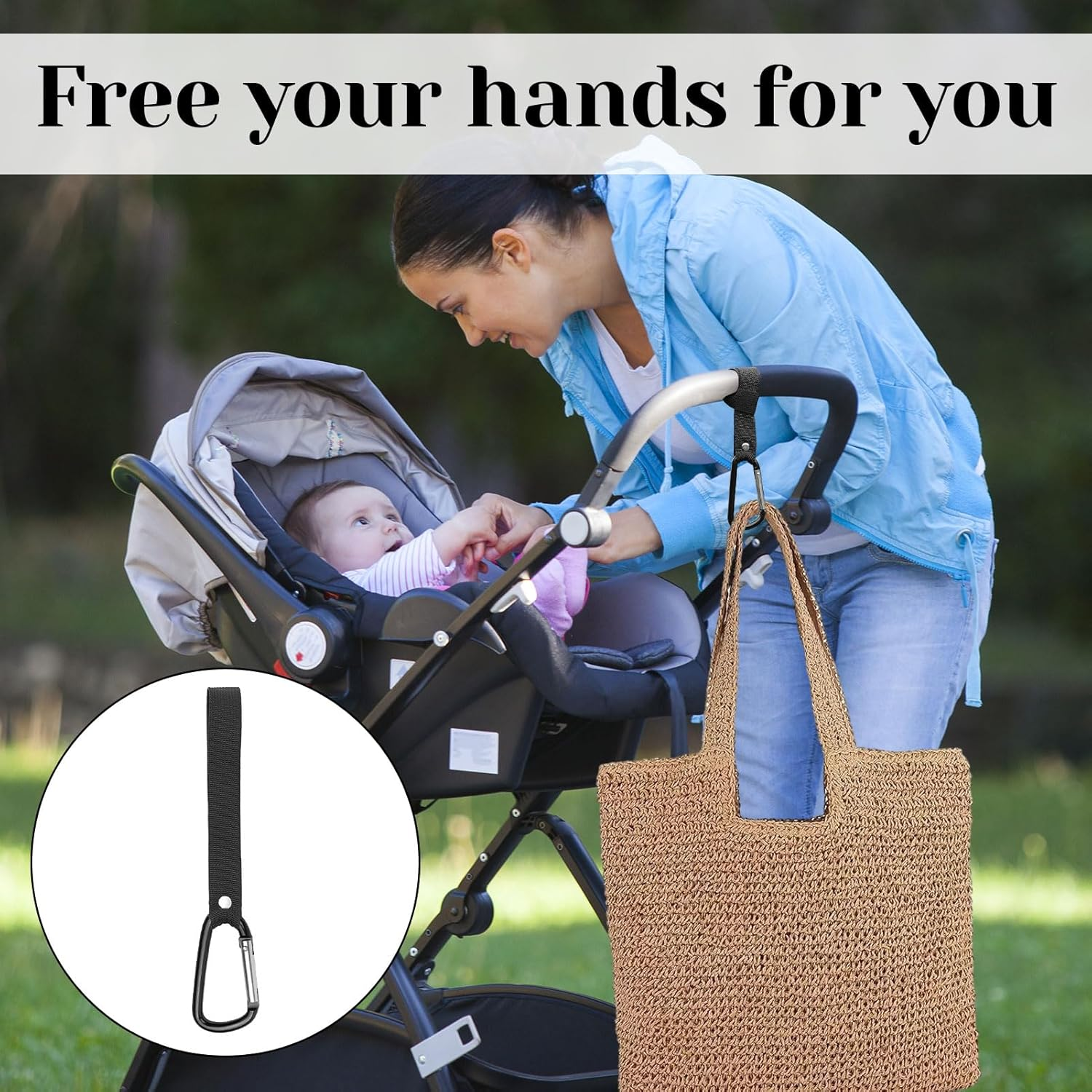 Pram Hooks, 4 PCS Pram Accessories, Baby Stroller Hook, 2 Leather Stroller Hooks + 2 Normal Loop - Hanging Straps, Multipurpose Hooks Pram Clips with Sturdy Carabiner and Strong Magic