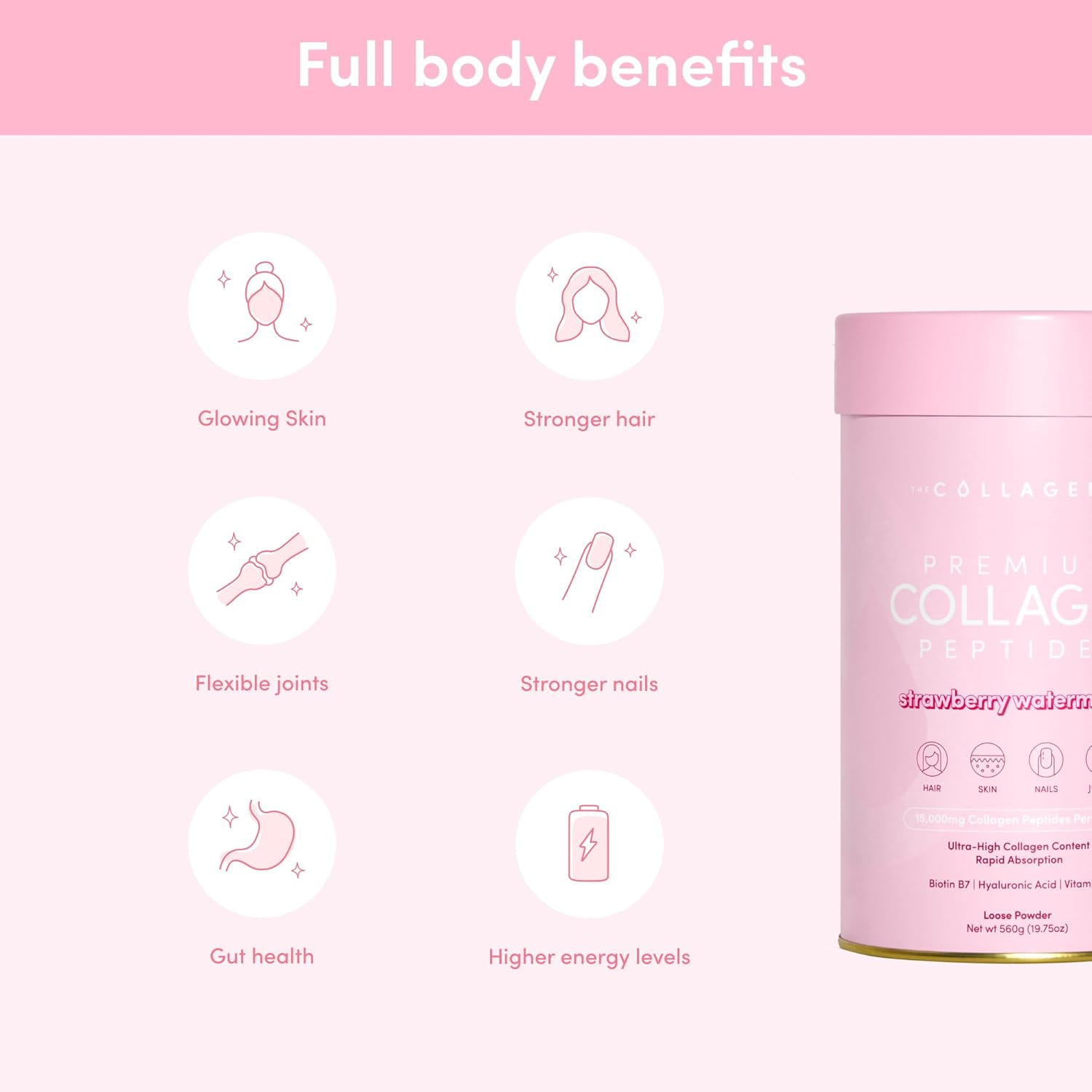 The Collagen Co. Premium Collagen Powder with Vitamin C and Biotin - Nurtures Healthy Hair, Glow Skin, Fortifies Joints, and Bones - Strawberry Watermelon Collagen in a 28-Serve Loose Powder (560G) image number 3