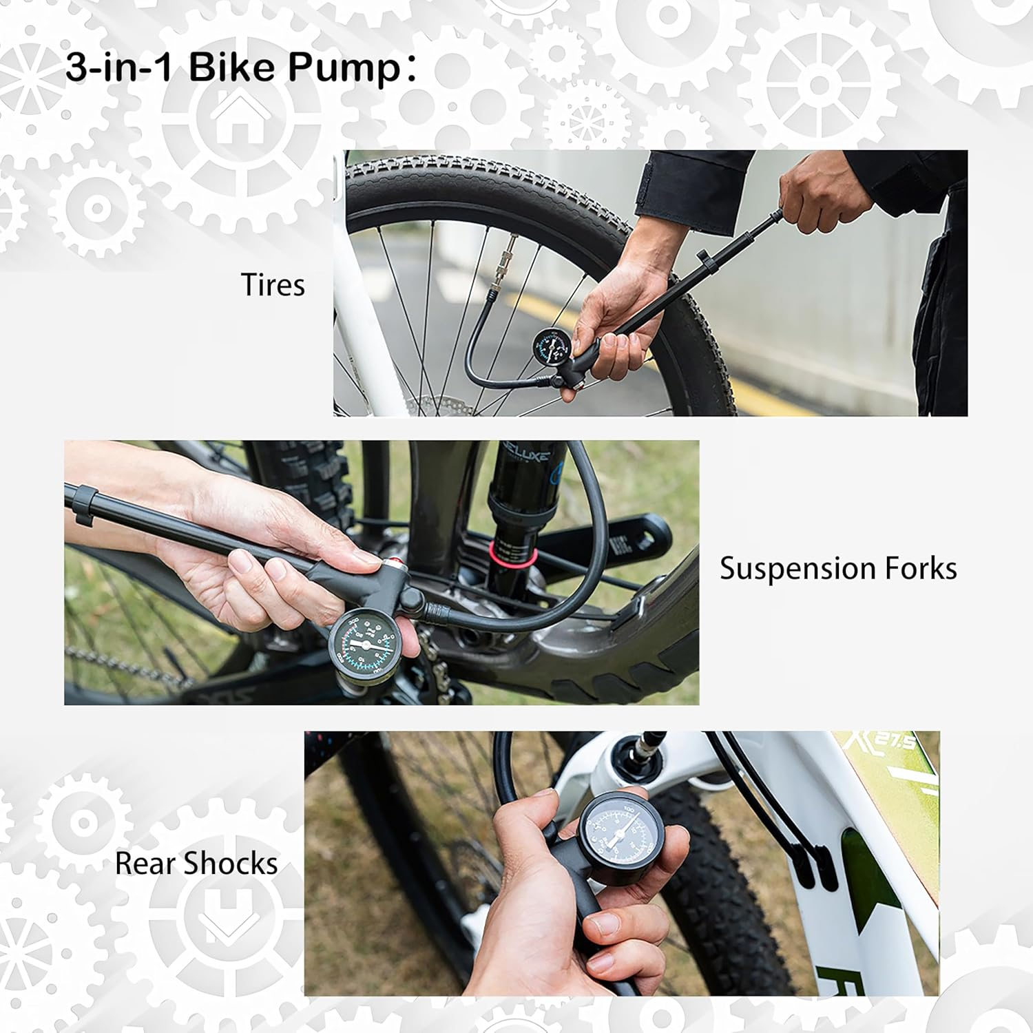 MUYIBENMU Portable Bike Pump, 300 PSI, 2-In-1 Bicycle & Suspension Pressurization System with Integrated Gauge, Presta and Schrader Compatible image number 2
