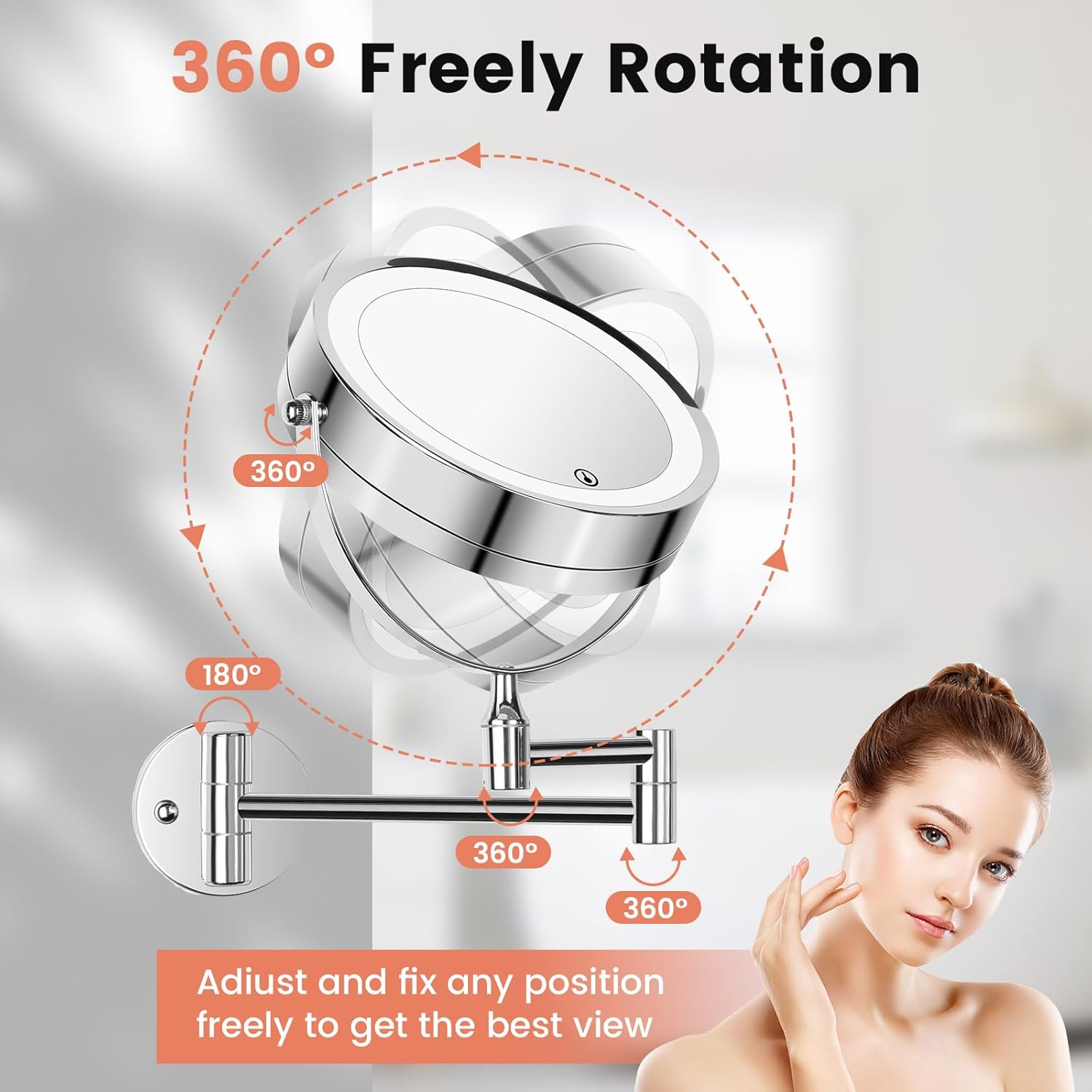 Lighted Makeup Mirror with 21 LED Lights, Wall Mounted Vanity Mirror, 360&deg; Swivel Infinitely Dimmable Double Sided 1X 3X Magnifying Mirror, Battery Powered Cosmetic Mirror for Bedroom Bathroom image number 6