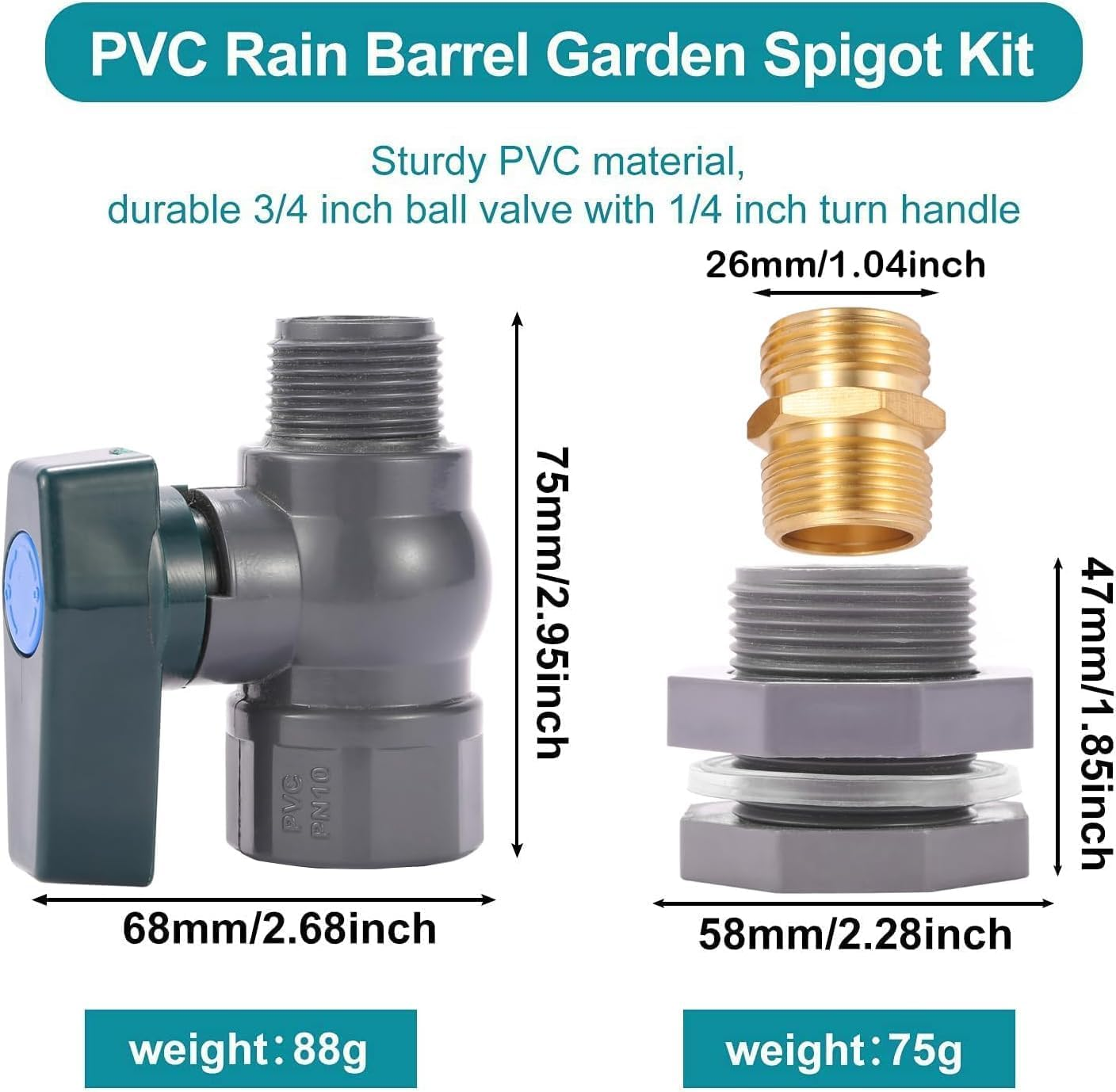 REGNHLIF PVC Rain Barrel Diverter Kit, 3/4 Inch Rain Barrel Valve, Rain Barrel Spigot Kit with Bulkhead Fitting Adapter for Water Tanks, Aquariums, Tubs, Pools image number 1