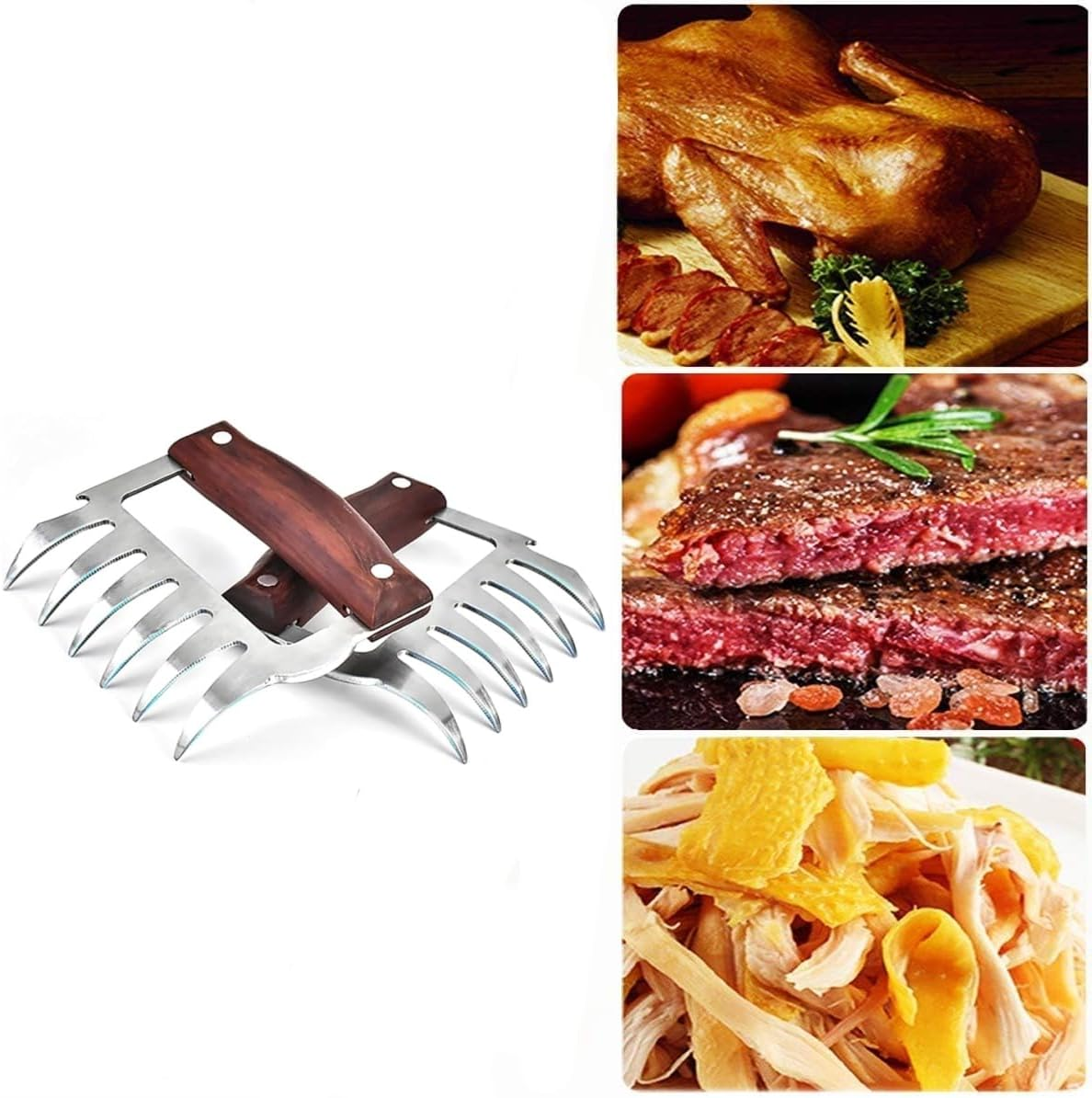 2 Pcs Stainless Steel Forks with Wooden Handle，Stainless Steel Bear Claws Chicken Meat Shredder, Pork Beef Chicken Handles Metal Shredders Pulled Pork BBQ Food Claw image number 3