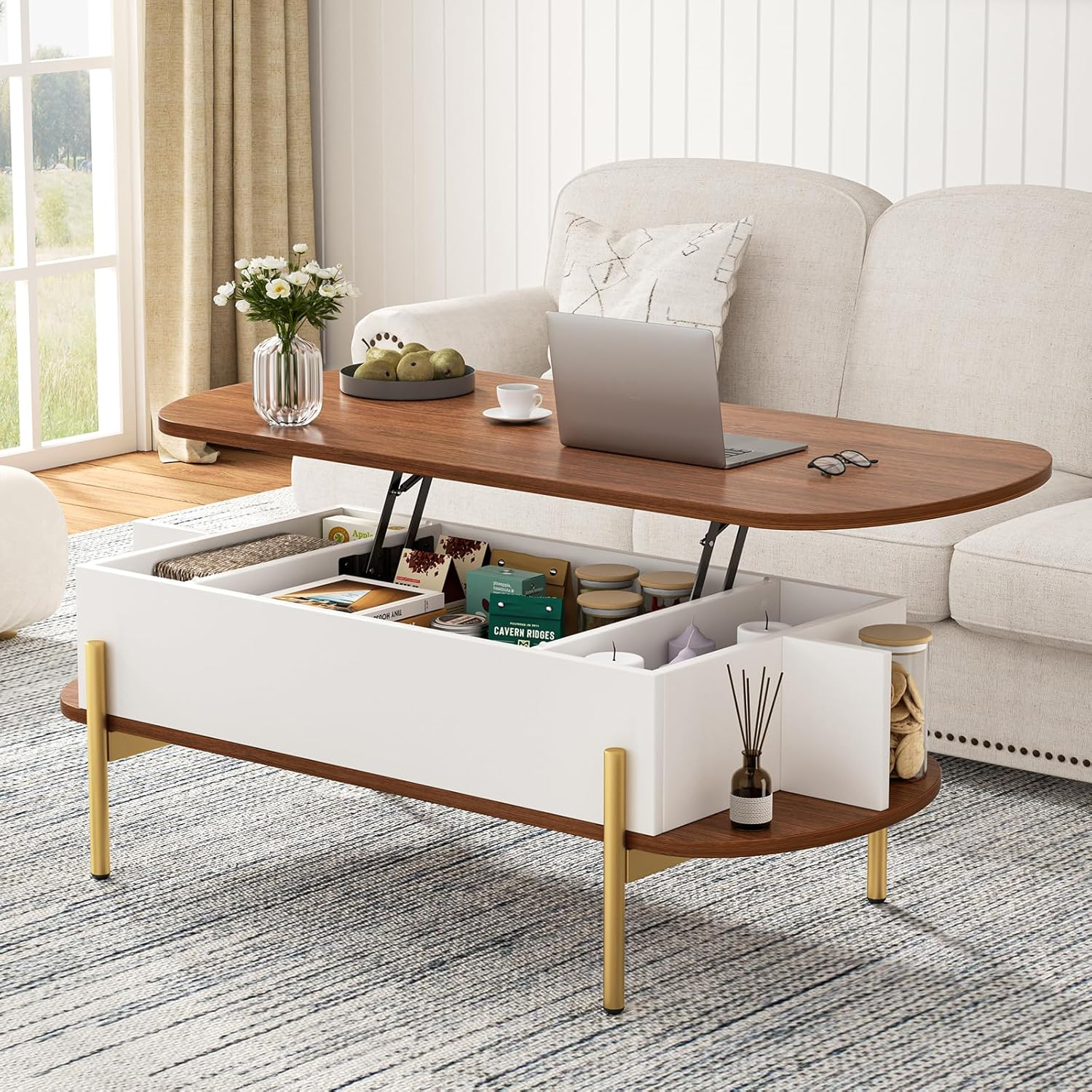 ALLSTAND 48" Oval Lift Top Coffee Table with Storage Metal Legs & Large Hidden Compartment, Coffee Table with Lifting Top with Open Shelf, Lift Coffee Table with Wooden Lift Tabletop for Living Room
