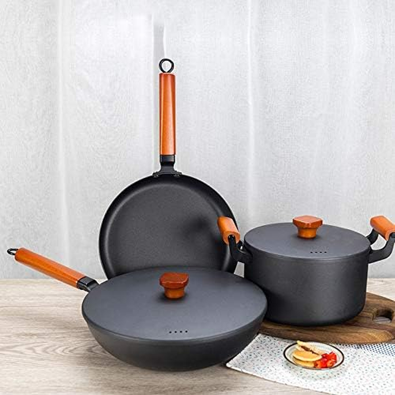 Cast Iron Cookware Set Pots and Pans Set 4Pcs Cookware Set Soup Pot Frying Pan Wok Milk Pan Kitchen Cooking Pot Set Induction Cooker Non-Stick Pan Saucepan Cooking Pot Set Cooking Pan Set (3) image number 2