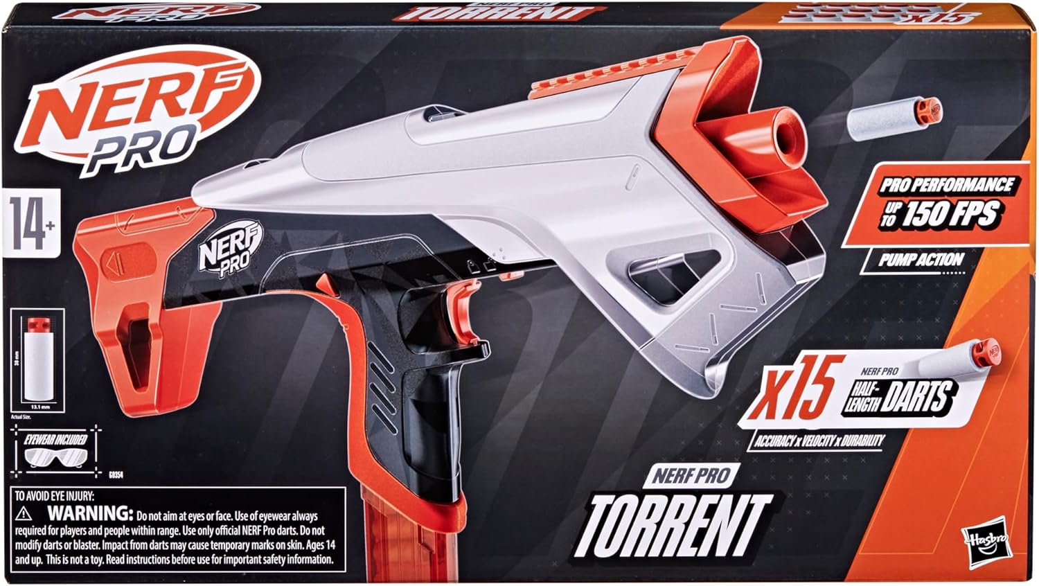 Nerf Pro Torrent Half-Length Dart Blaster, 150 FPS, 15 Nerf Pro Half-Length Darts, 15-Dart Magazine, Pump Action, Eyewear, Gifts for Teens, 14+ image number 4