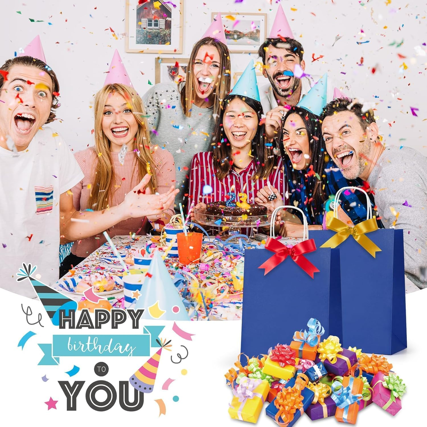 100 PCS Paper Bags with Handles,21 * 15 * 8CM Small Gift Bags,Kraft Paper Bags for Birthday Party Favors,Retail Shopping,Wedding,Christmas Bulk,Lunch (Blue) - White image number 4