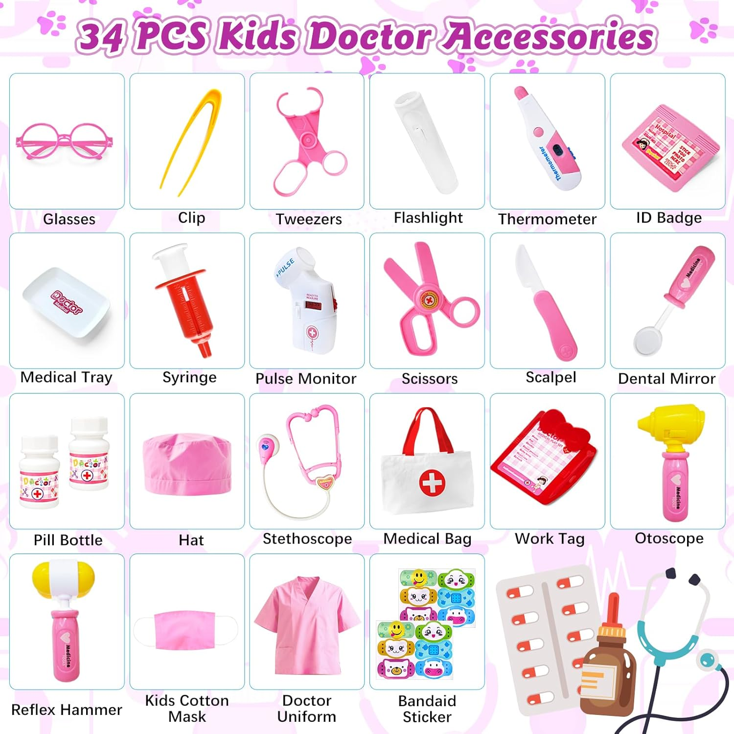 PELOSTA 34PCS Doctor Kit for Toddlers 3-5, Pretend Play Doctor Play Set with Dog Toy, Doctor Costume, Carrying Bag, Stethoscope, Dress up Toys for Girls Aged 3 4 5 6 7 8 (Pink) image number 4