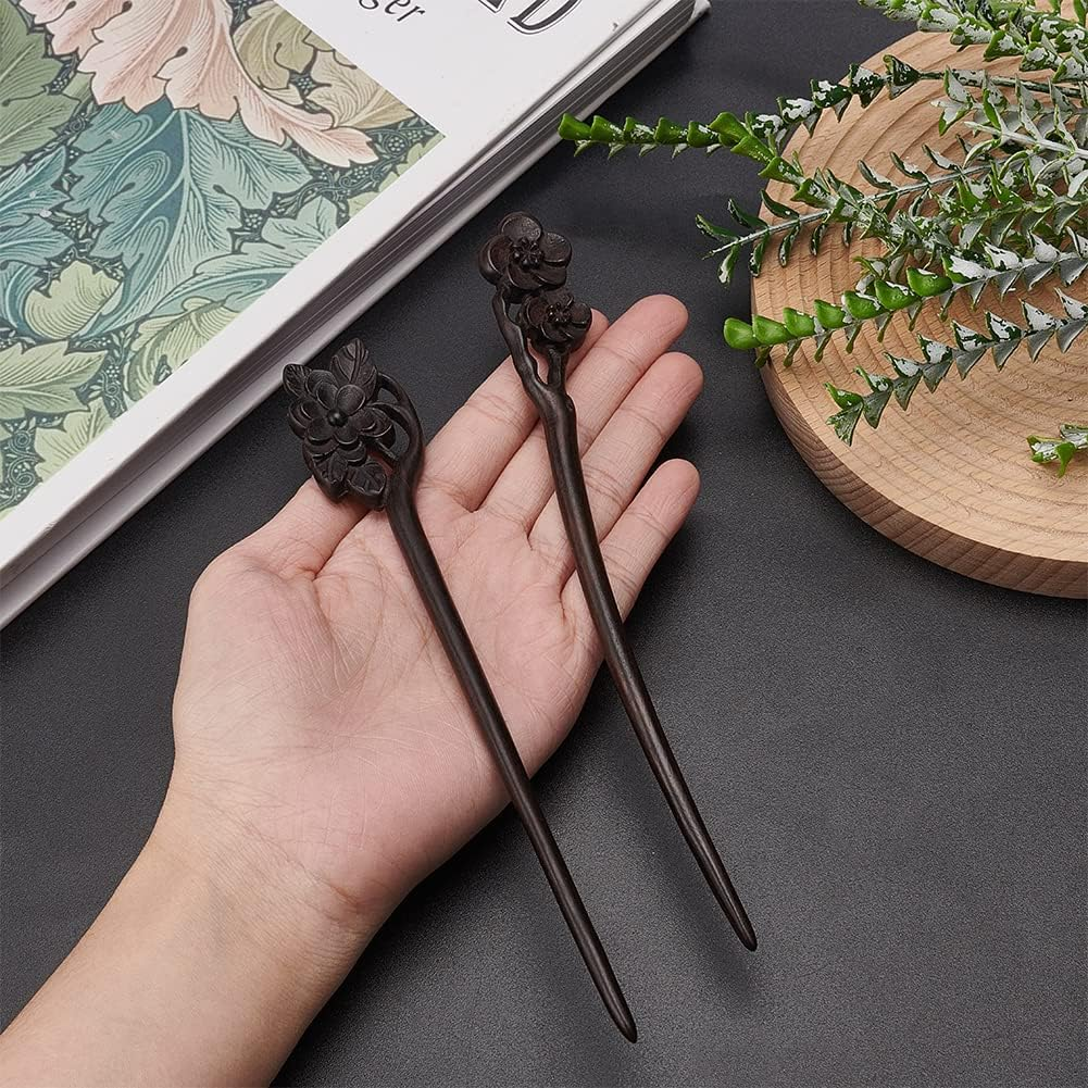WEBEEDY 2 PCS Handmade Carved Wooden Hairpin Wooden Hair Stick for Buns Hair Fork Vintage Chinese Hair Chopsticks for Women Long Hair Handmade Gifts Hair Accessories (Lotus,Plum Blossom) image number 3