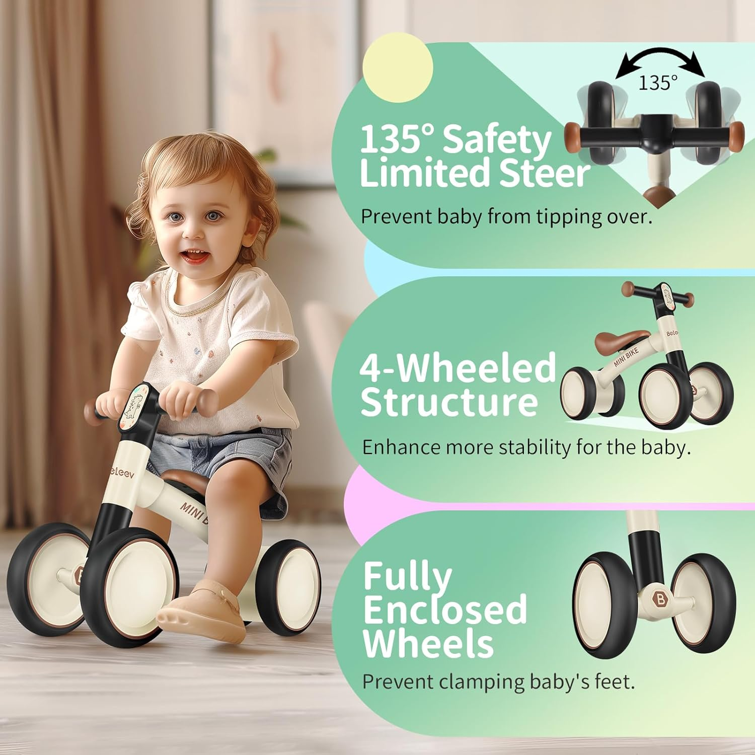 BELEEV B1 Baby Balance Bike for 1-2 Year Old, Toddler First Starter Bike for Kids Girls Boys 10-24 Month, Lightweight Walker Bike with 4 Silence Wheels, 135&deg; Safe Limited Steer, Soft Wide Seat - Pink image number 2