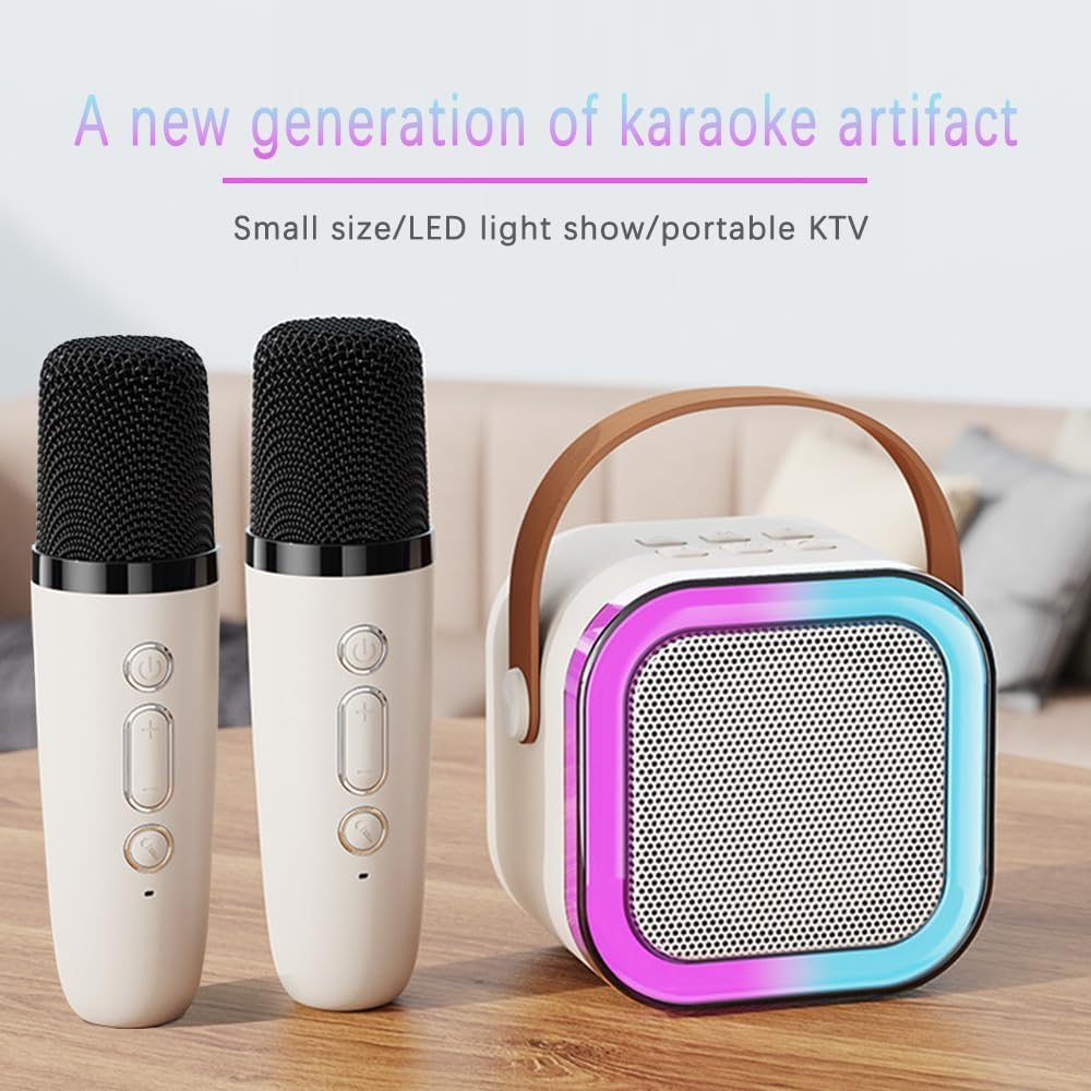 SUIJIEEN Karaoke Machine Bluetooth Portable Speaker with 2 Wireless Microphones LED Lights Birthday Gifts for Kids Adults Ages 4-12 Family Party（White）