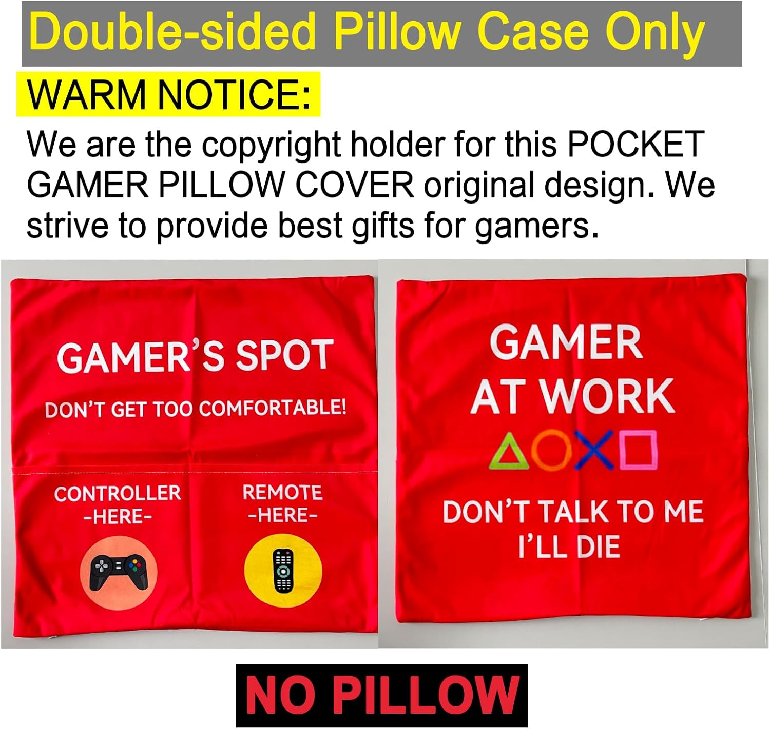 Gamer Gifts, Pocket Design Throw Pillow Covers 18 X 18 Inch, Gaming Room D&eacute;cor Stocking Stuffers Easter Basket Stuffers for Teen Boys Girls Men Father Boyfriends-Red image number 5