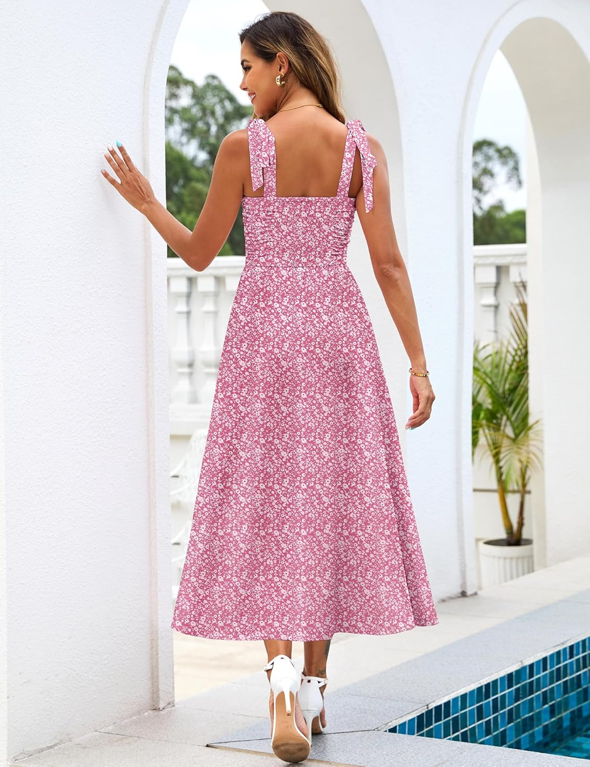 Zattcas Womens 2025 Summer Spaghetti Strap Floral Maxi Dress with Pockets Smocked Flowy Long Beach Vacation Sundresses image number 2