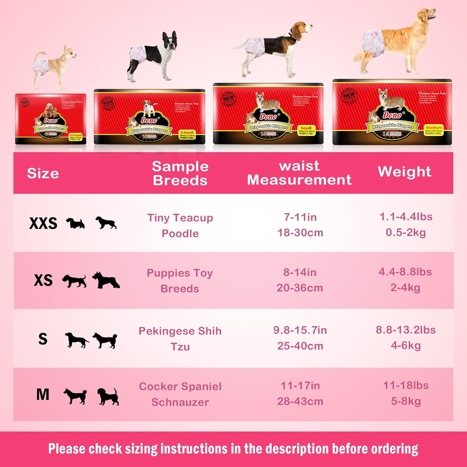 Dono Dog Nappies Female - 14Pcs, M Size, Pink, Female Dog Diapers, Super Absorbent & Soft, Urinary Incontinence, Heat Pants