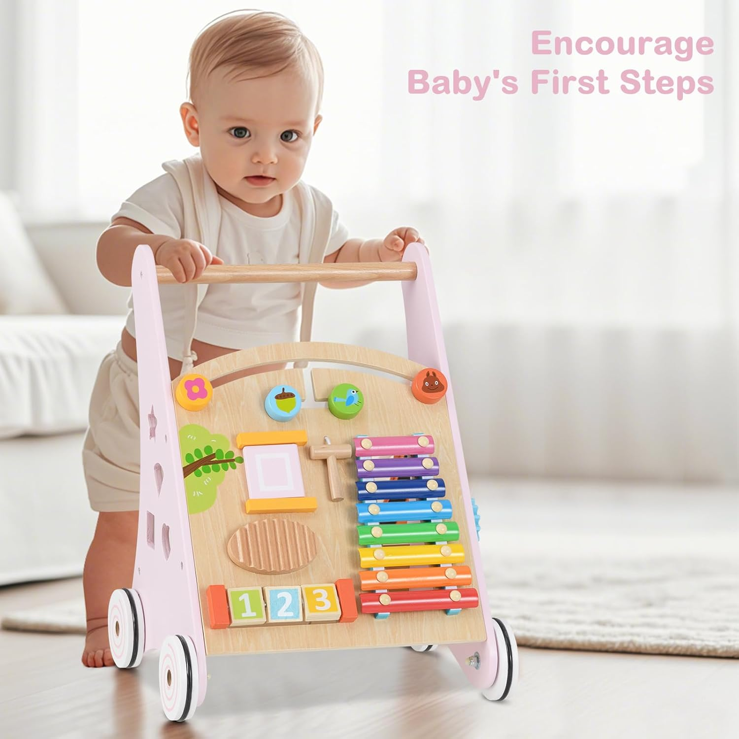 INFANS Wooden Baby Walker, Montessori Walker with Multiple Activity Toys, Storage, Push Walker Toys for Infant Learning to Walk, Sit to Stand for Boys Girls Aged 1+ Years (Pink) - Pink image number 5