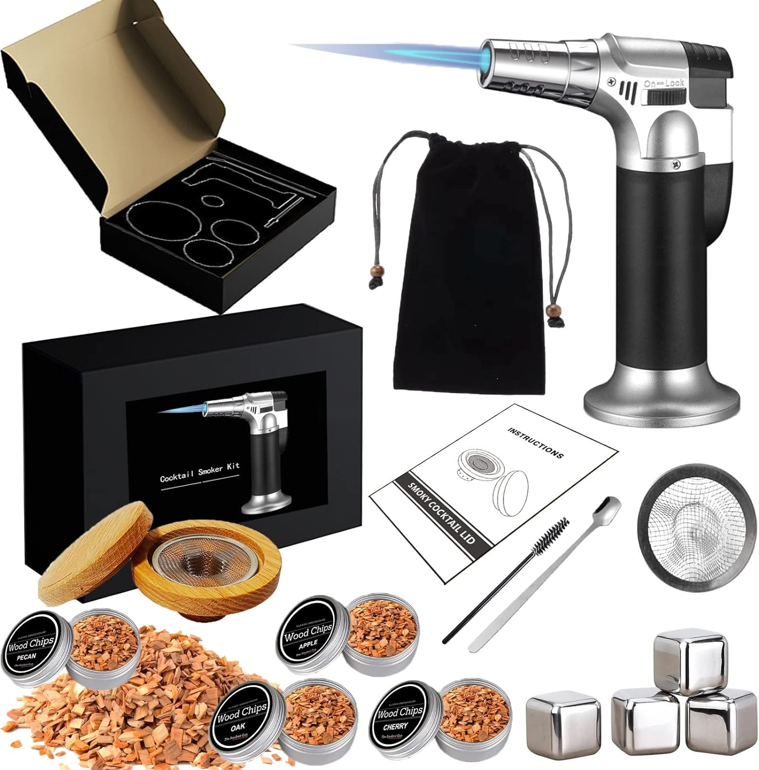 Roseflower Cocktail Smoker Kit with Torch, Old Fashioned Bourbon Drink Smoker Infuser Kit Meat Cheese Salad with 4 Flavors Wood Chips, Ideal Gifts for Whiskey Lovers, Dad, Husband, Men, Ice Cube*6