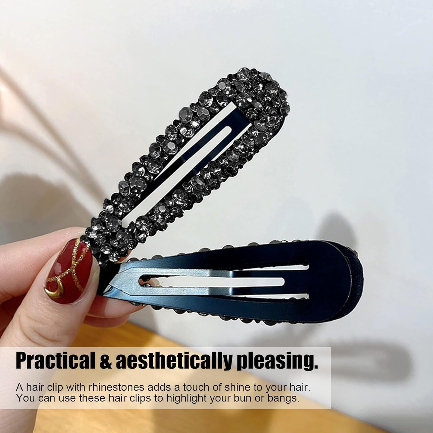 2 Pcs Black Rhinestone Snap Hair Clips, Metal and Crystal, Sparkly Hair Accessories, Snap Hair Barrettes Hair Clips image number 4