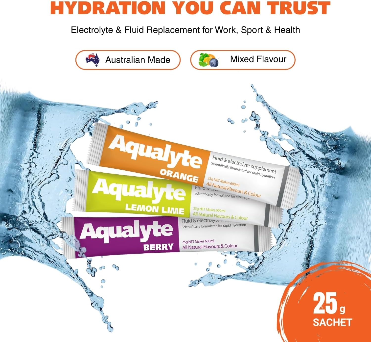 Aqualyte Hydration & Electrolyte Supplement, Natural Hydration Support, Great Taste, Rapidly Absorbed, Packed with Essential Electrolytes, Mixed Flavour, 25G Sachets, Makes 600Ml, Box of 50 image number 2