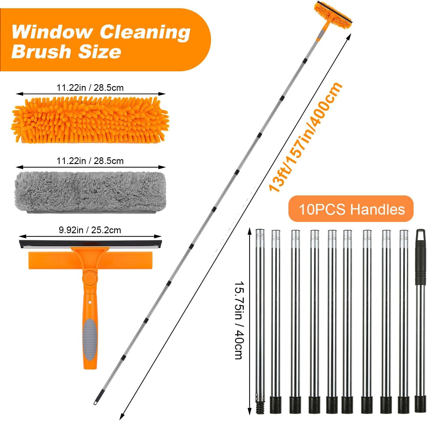 13Ft Extendable Window Cleaner, 2-In-1 Window Cleaning Equipment, Telescopic Long Window Cleaning Tool for High Windows Car Glass, with 2 Orange Microfiber Cloth & Squeegee Blade image number 3