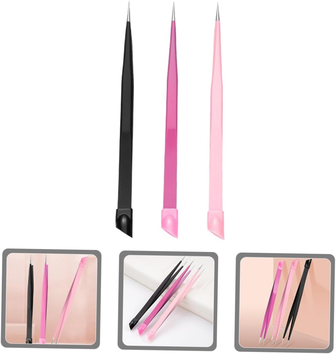 GRADENEVE 3Pcs Double-Ended Nail Picker Tweezers with Pressing Head for Nail Art Sticker Picking Eyelash Extensions Stainless Steel Crafting Tool Kit Pink Black Rose Red image number 3