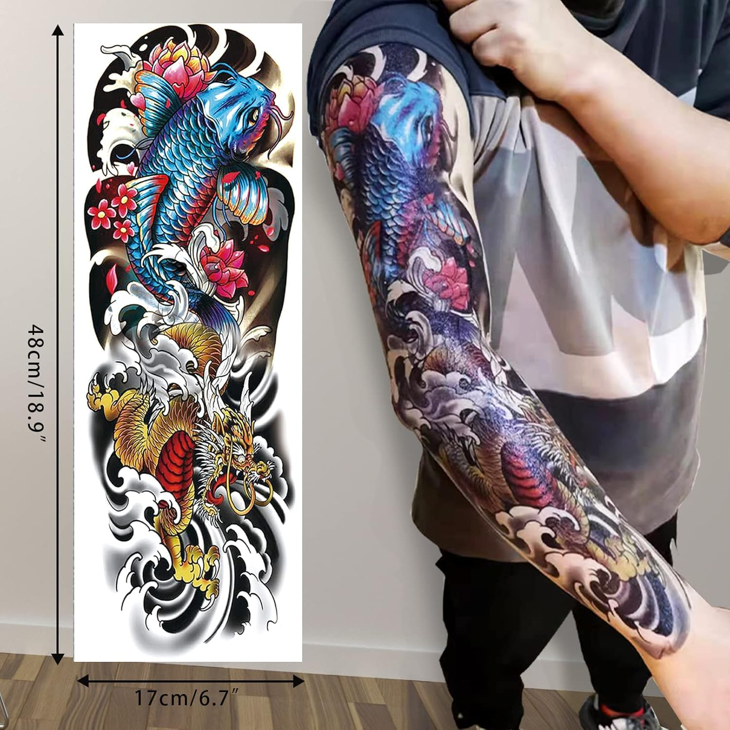 Aresvns Japanese Sleeve Tattoos for Men and Women 20 Sheets, Full Arm Temporary Tattoos for Adults, Waterproof Large Koi Fake Tattoos for BBQ Pool Beach Party image number 6