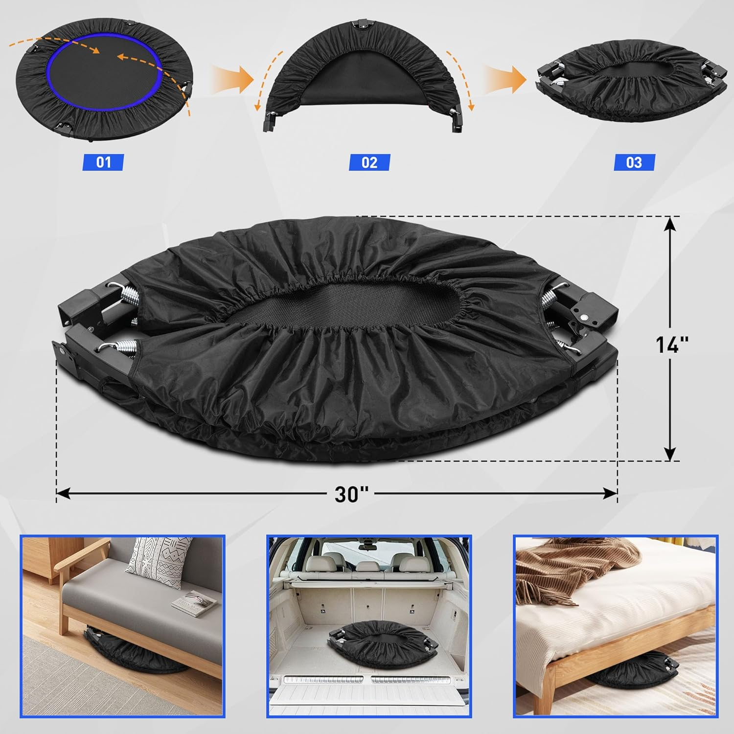 Hyd-Parts 40" Foldable Mini Trampoline Indoor Rebounder Trampoline for Adults Fitness Trampoline with Handle Exercise Workout Max Load 330Lbs image number 6