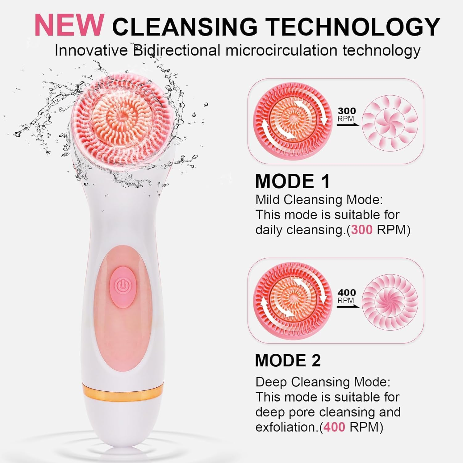 Waterproof Rechargeable Facial Cleansing Brush - Deep Cleansing & Exfoliating Face Scrubber W/ 3 Brush Heads, 2 Speeds, Dual Rotation image number 4