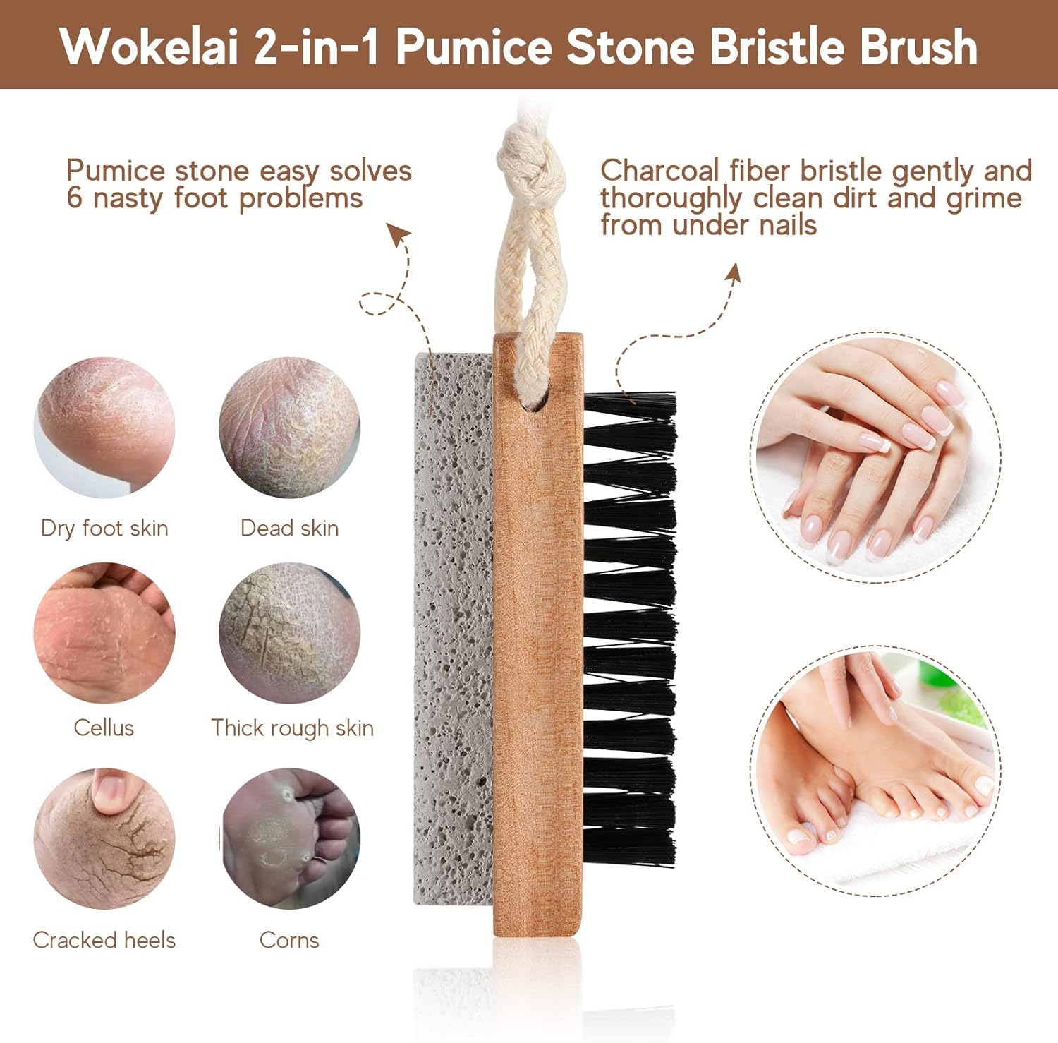 Foot Scrubber Brush with Pumice Stone for Feet Hands, Wooden Cleaning Fingernail Scrub Brush, Finger Toes Nails Cleaner Brushes with Stiff Bristles for Scrubbing Fingernails 2 in 1 Manicure Pedicure image number 3