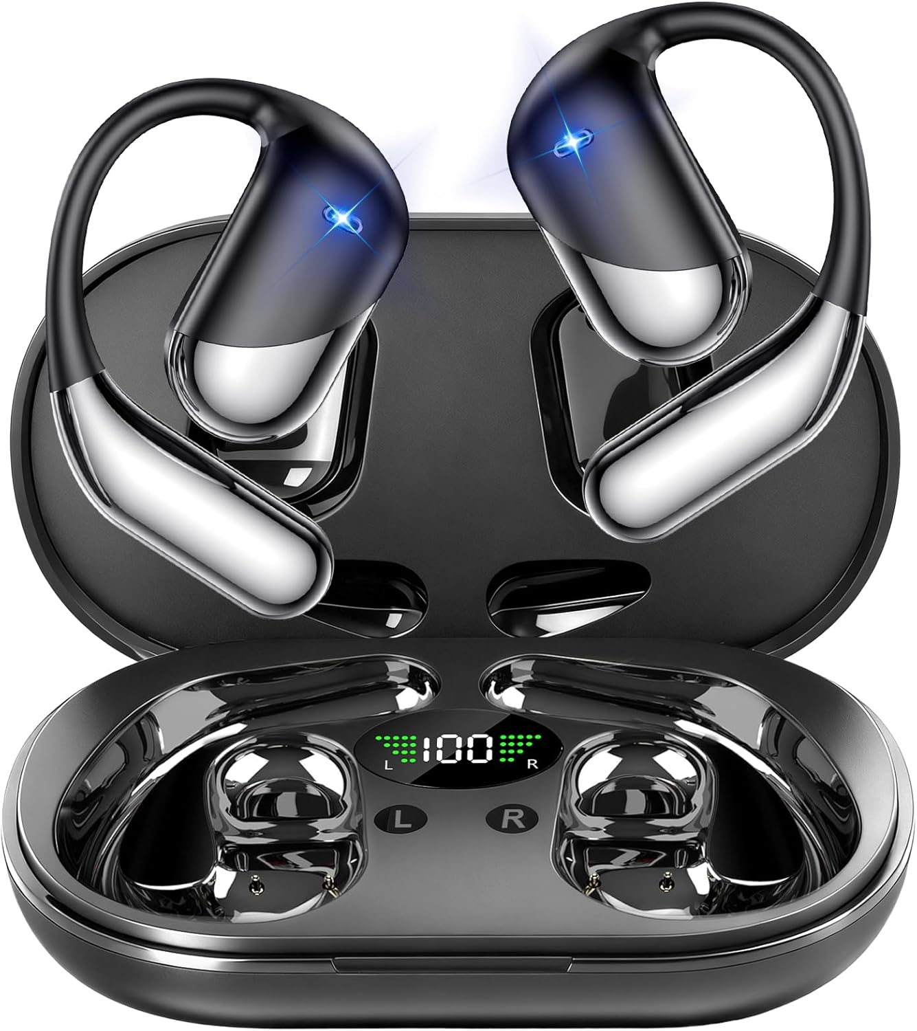 Open Ear Wireless Earbuds Headphones, Bluetooth 5.4, Built-In Mic, IPX7 Waterproof, LED Display Charging Case,Ear Hooks Clip Ear Buds，Design for Running Fitness Workout Office Game Gym image number 2