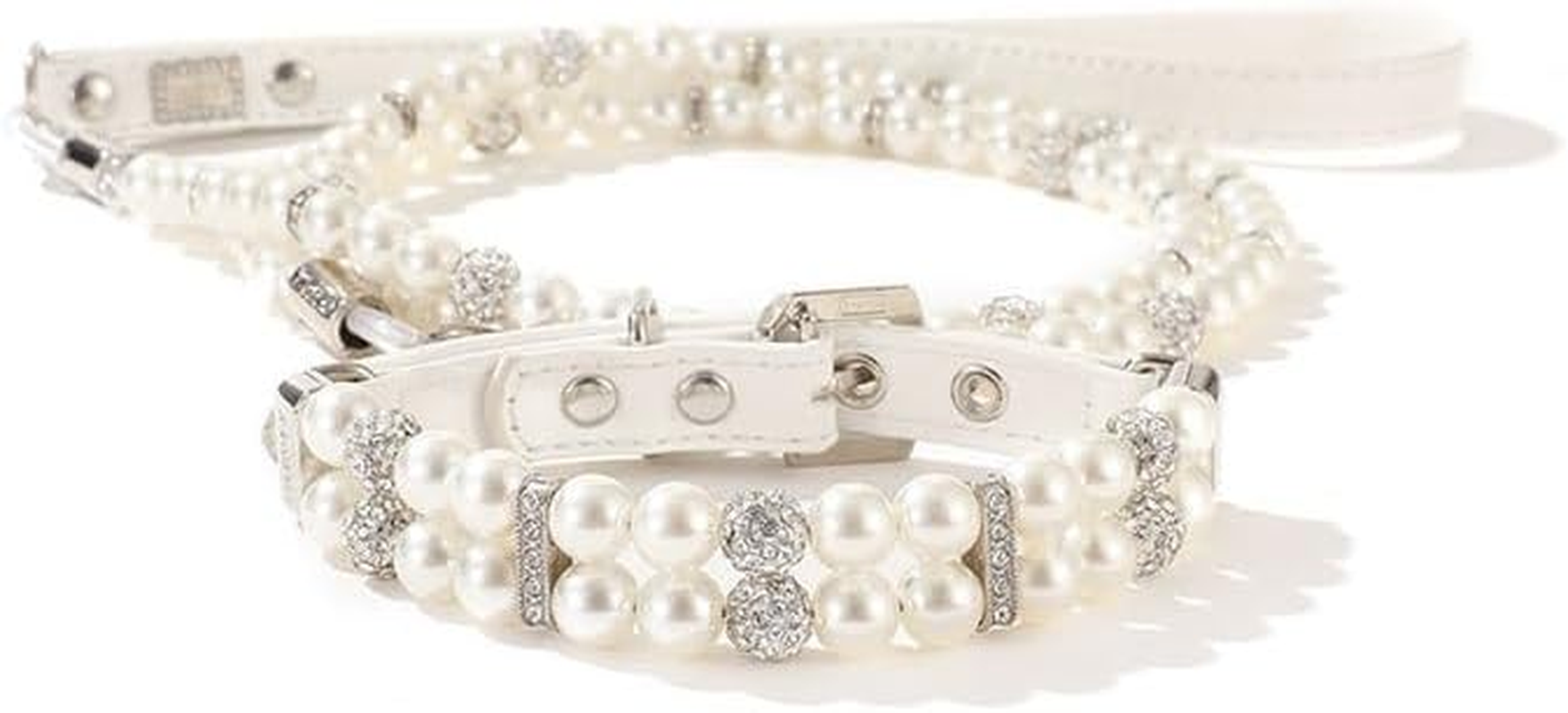 2 Pieces Dog Artificial Pearl Collars Leash Set 2 Rows Pet Imitated Pearl Necklace and Imitated Pearl Wire with Crystal Rhinestone Cat Imitated Pearl Neck Strap for Pet (White, M) image number 3
