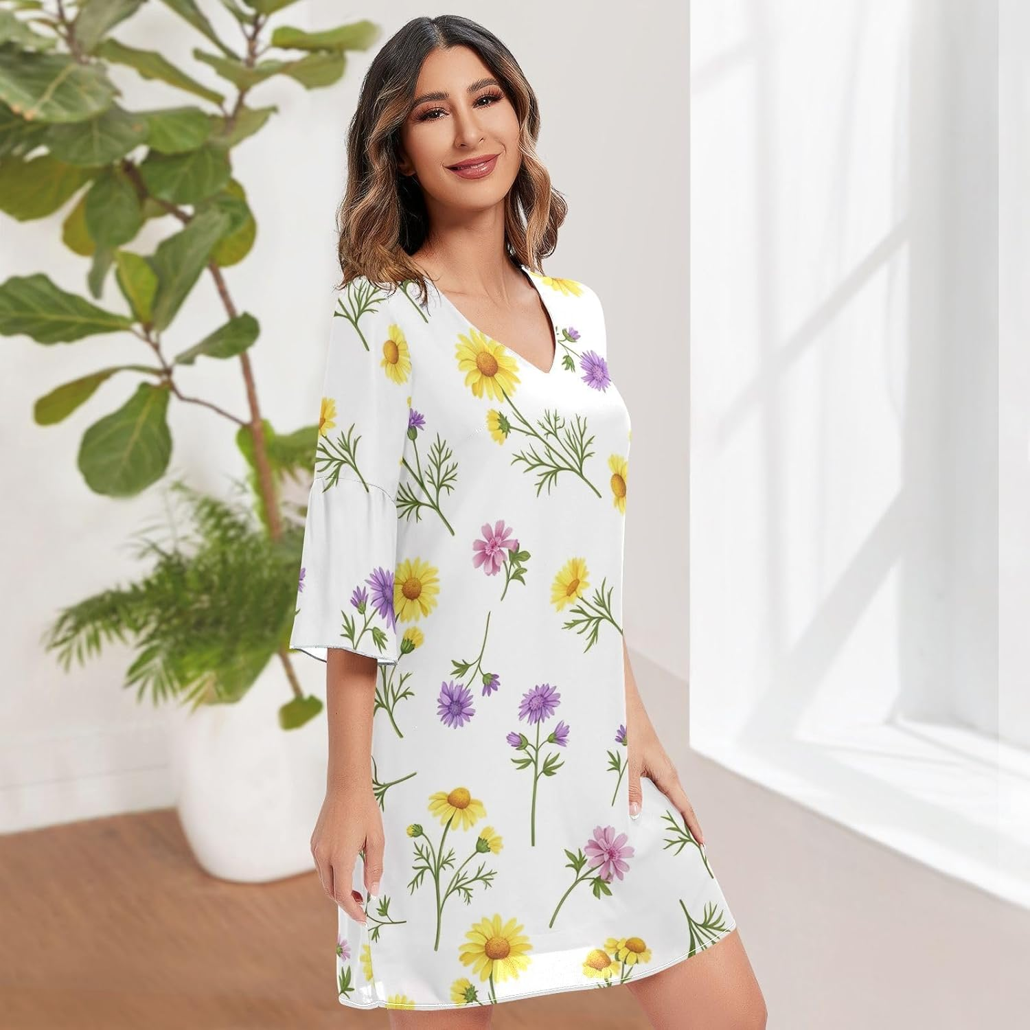 Colorful Wildflowers Ladies Chiffon Dress Printed Line Maternity Dress image number 1