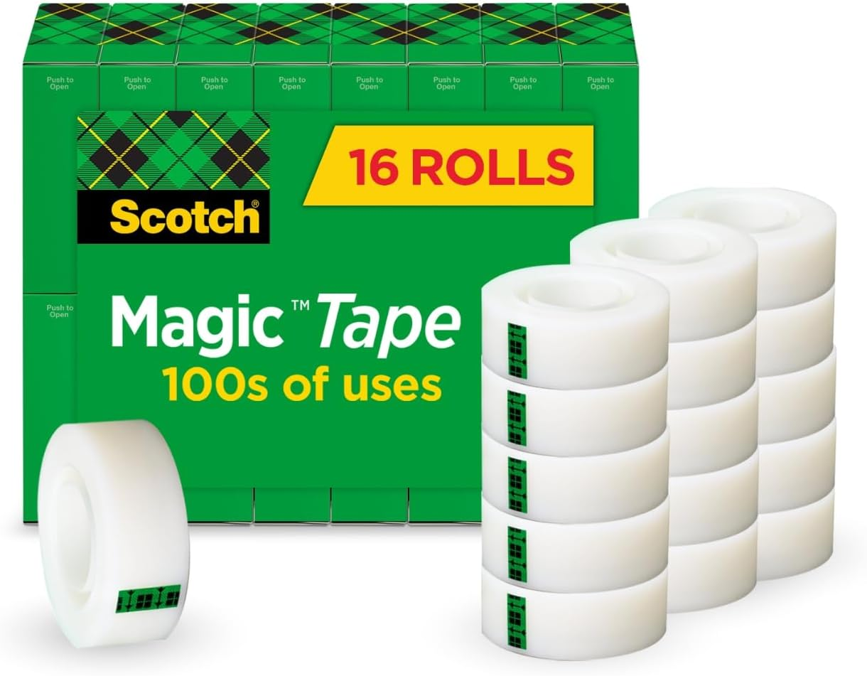 Scotch Magic Tape, Invisible, Repair Christmas Cards and Use as Wrap Supplies for Christmas, 4 Tape Rolls - 16 Rolls