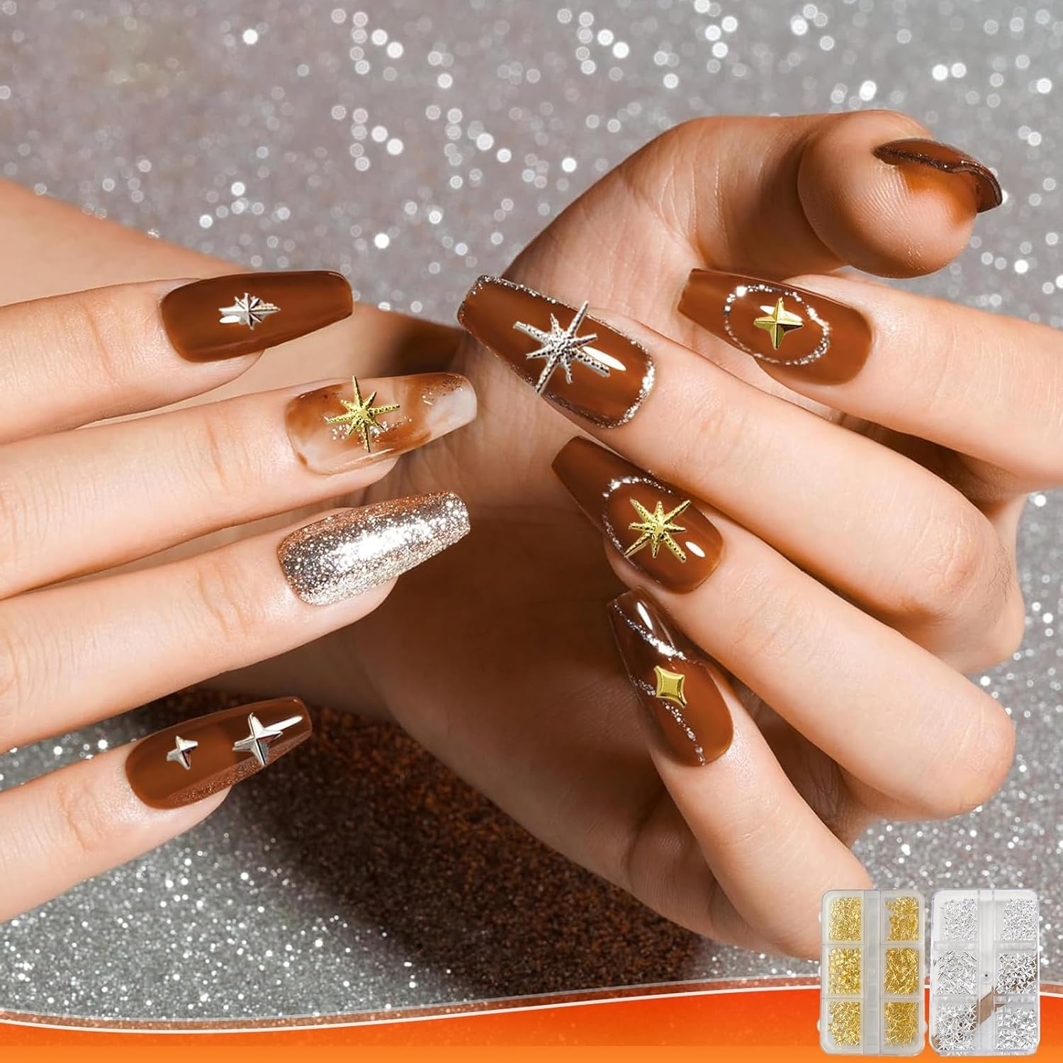 4 Boxes 24 Grids Star Nail Charms, Premium 3D Gold & Silvery Star Charms for Nails Art, Metallic Studs & Rhinestones Nail Jewelry Decorations, Manicure Kit Supplies for Women & Girls image number 2