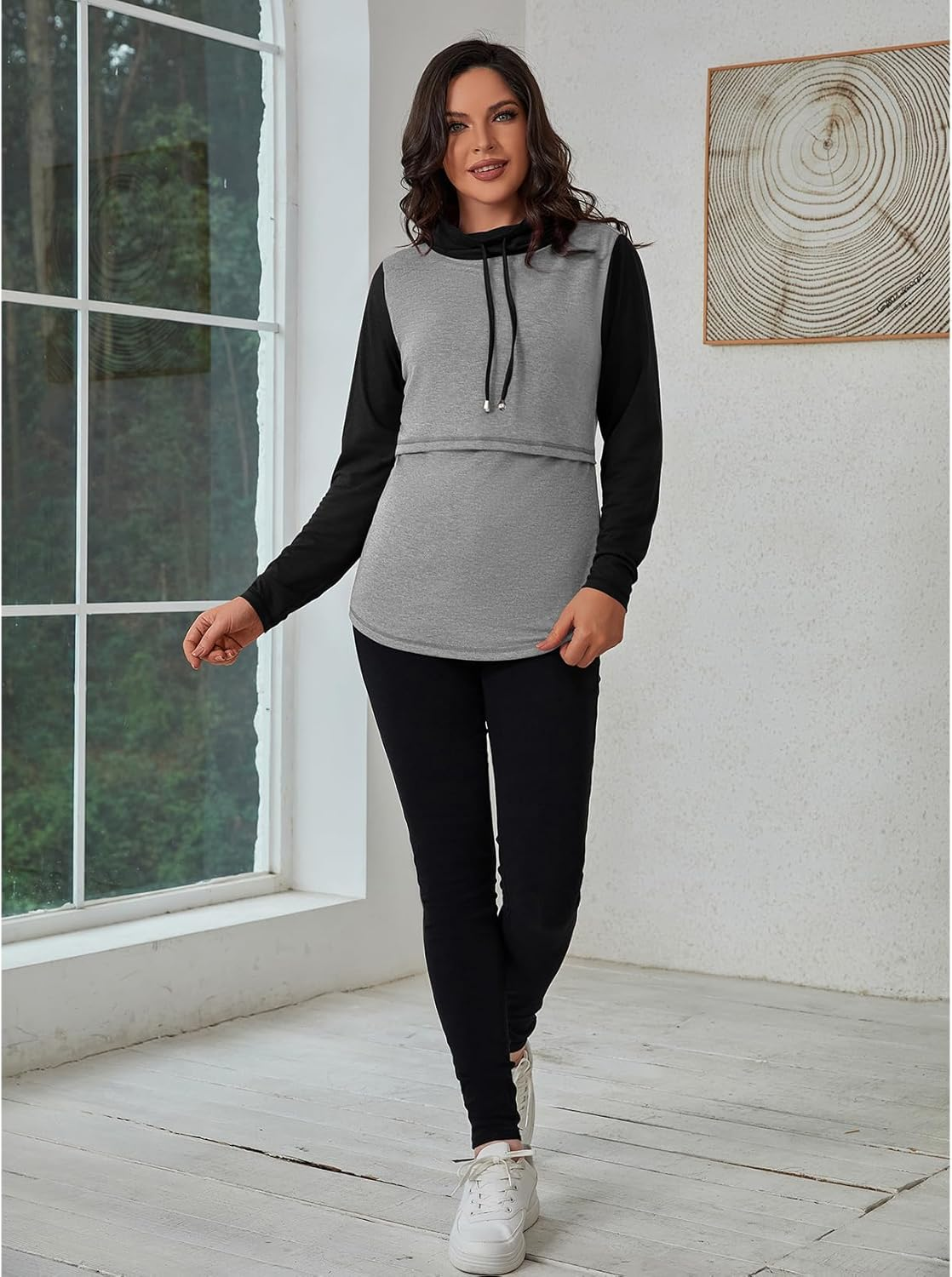 GINKANA Womens Nursing Tops Breastfeeding Sweatshirts Shirts Long Sleeve Drawstring Cowl Neck Nursing Tee Shirts Blouse image number 5