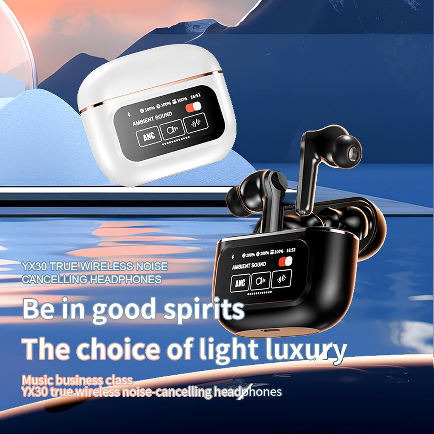 Wireless Bluetooth Headphones with Noise Cancelling Wireless Earbuds Noise Cancelling Headphones with Touchscreen In-Ear ANC Headphones with Screen Wireless Earphones In-Ear Headphones - Black image number 5