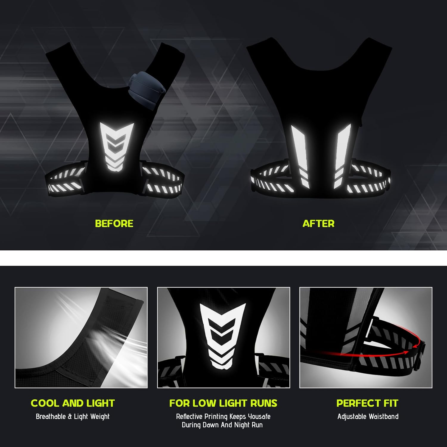 Wocharm Reflective Vest Chest Phone Holder, Adjustable Hydration Training Workout Gear for Nighttime Running Biking Motorcycle Dog Walking - Fluorescent Green image number 2