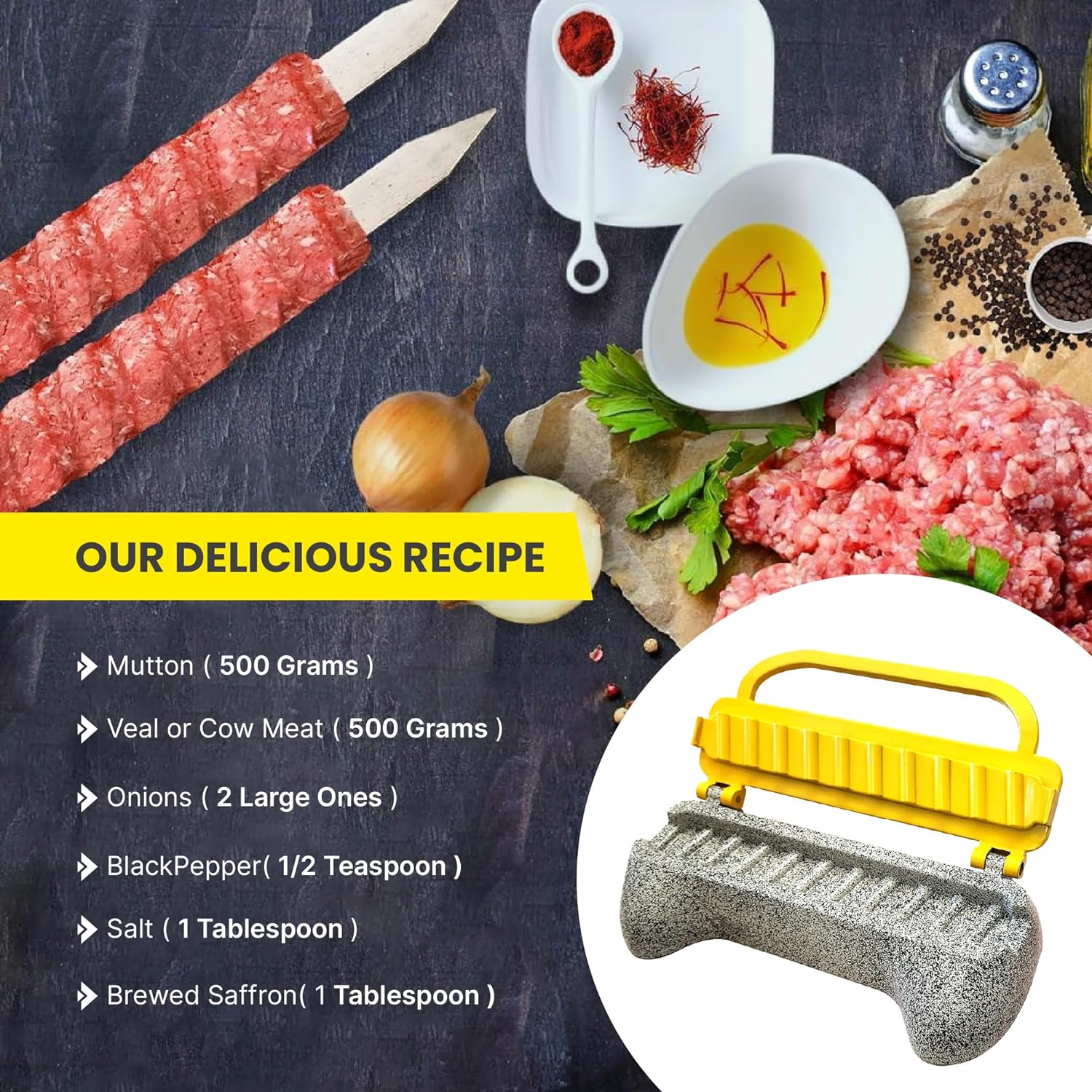 Premium Aluminum Trustella Kebab Maker | Create Flawless, Professional Skewers | Heavy-Duty, Non-Stick, Food Grade Teflon Coating, Easy Clean | the Ultimate BBQ Companion for Home Chefs (Yellow) image number 5