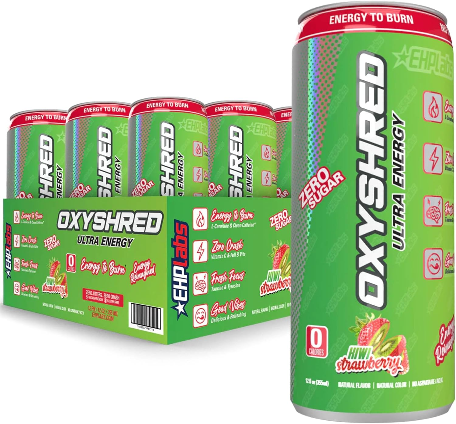 EHP Labs Oxyshred Healthy Energy Drink - Sugar Free Energy Drinks with Amino Acids, Green Tea Extract, Vitamin C & L Carnitine - Carb Free, Calorie Free, Natural Caffeine - Kiwi Strawberry (12-Pack)