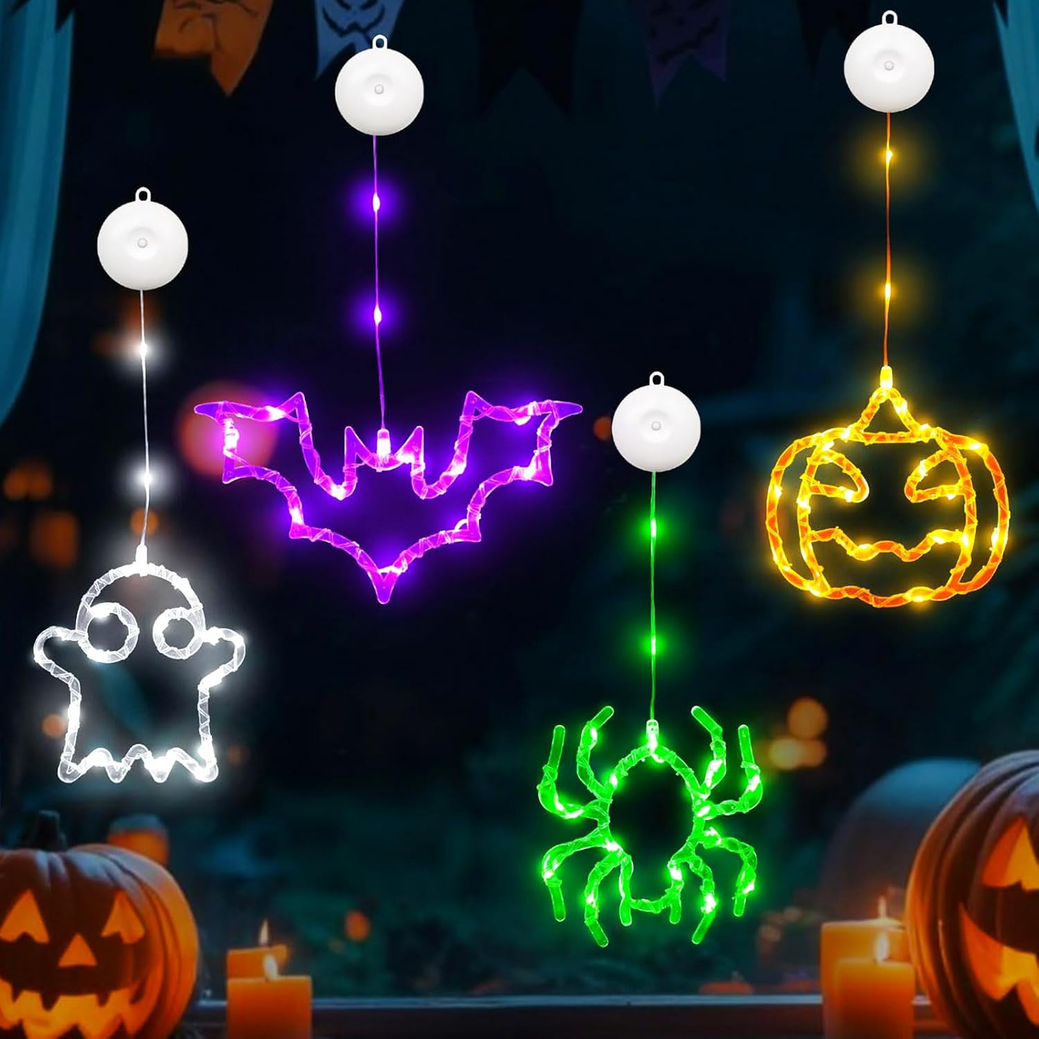 Halloween Decorative Fairy Lights, Pack of 4 Halloween Pumpkin Bat Spider Ghost Fairy Lights Battery with 6H Timer, 8 Light Modes, Window Lights with Suction Cup for Window Decoration (A) image number 1