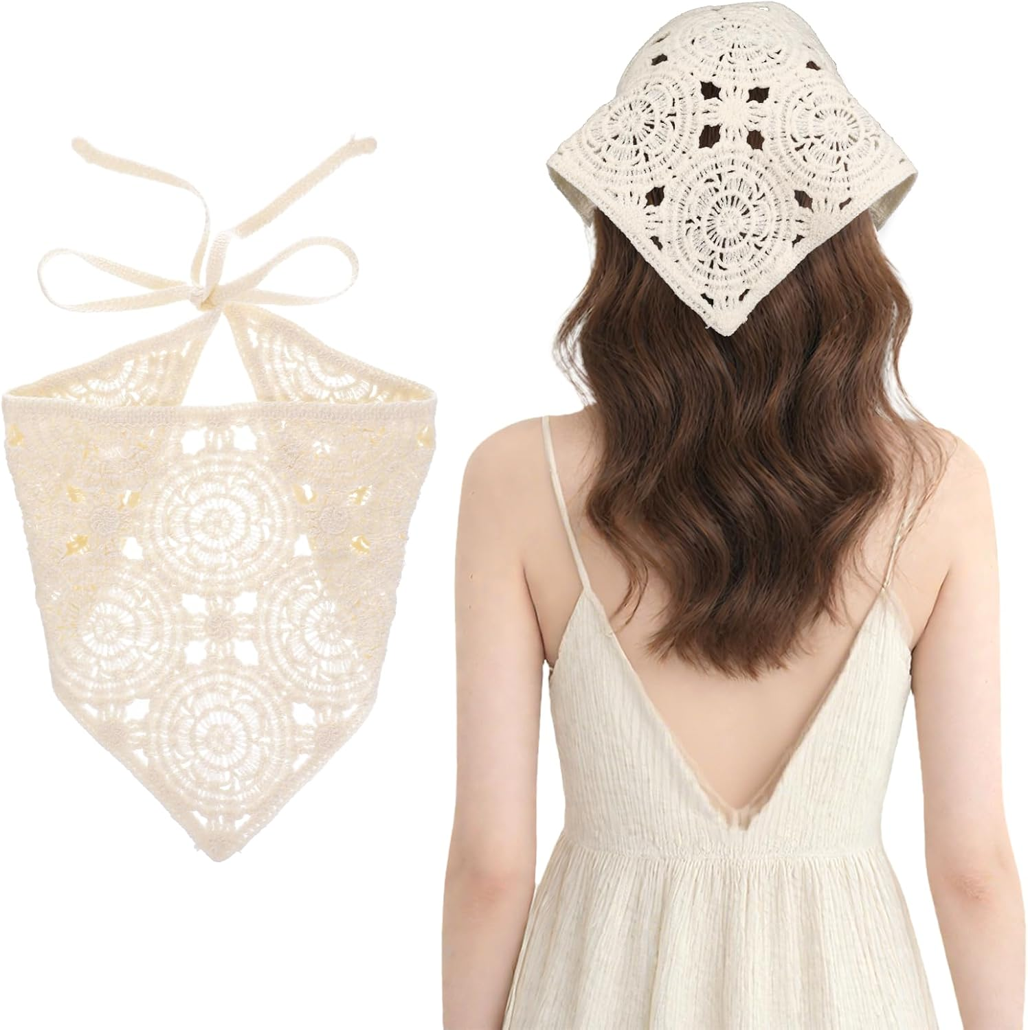 Fdclixuvol Women'S Handmade Crochet Headband Triangle, Boho Triangle Scarf Bandana, Hair Bands Retro Crochet Bandana Headband Hair Scarf Headscarf, Floral Design Lightweight Summer Look Turban Hair image number 1