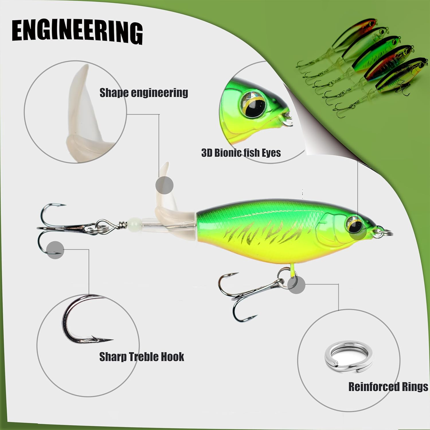 5Pcs Plopper Fishing Lures Topwater Fishing Lures Whopper Floating Lure for Catfish Pike Perch Top Water Bass Bait Lure with Propeller Tail Pencil Floating Lure image number 4