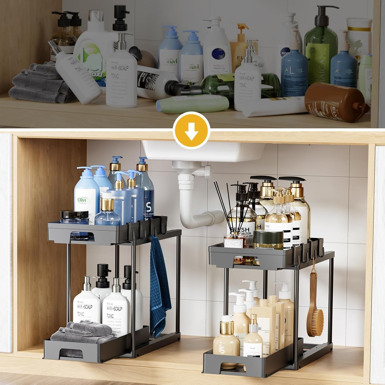 Delamu under Sink Organizers and Storage, 2 Pack Pull Out Kitchen Bathroom Cabinet Organizer, 2 Tier Black under Sink Storage for Bathroom Kitchen, under Counter Storage Organizer with 8 Hooks image number 4