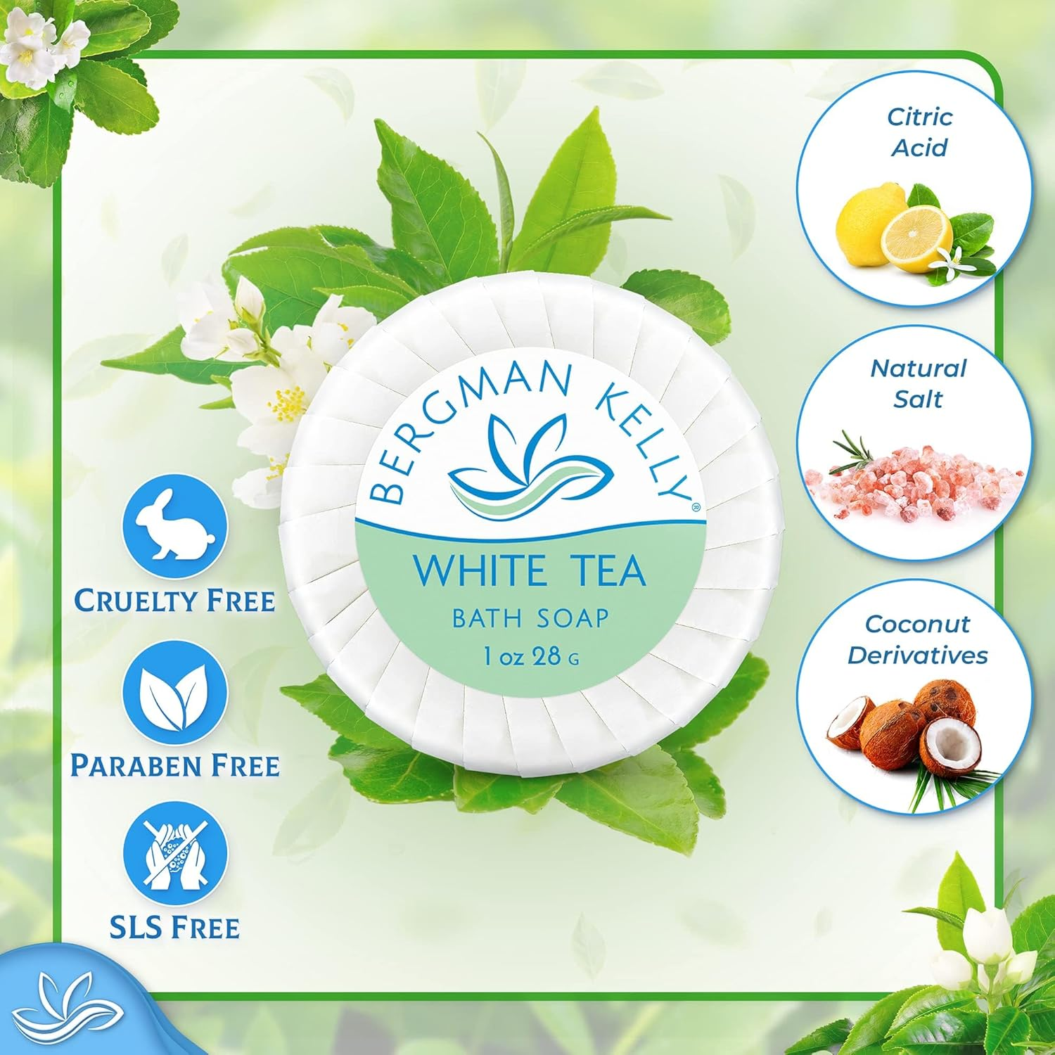 BERGMAN KELLY - Hotel Soap Bars - White Tea, 1 Oz, 200 PK - Travel Size Luxury Bulk Amenities Bar Soap, Mini Individually Wrapped round Soap - Small Toiletries for Airbnb, Motel, Guest Bathroom image number 4