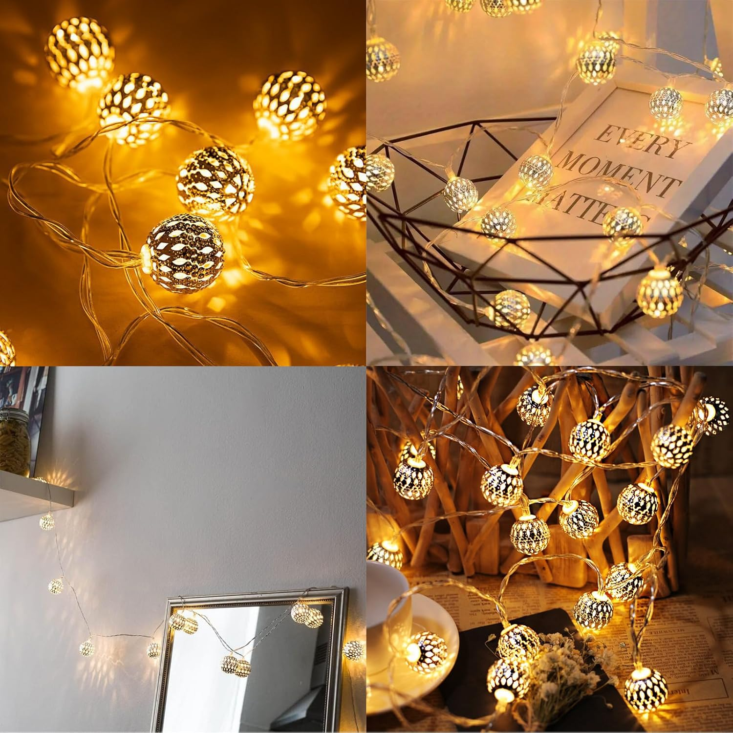 ENLACE Moroccan String Lights, 3 Meters 20 Leds Metal Balls Battery Operated for Indoor Outdoor Wedding Christmas Birthday Party Decoration Warm White image number 6