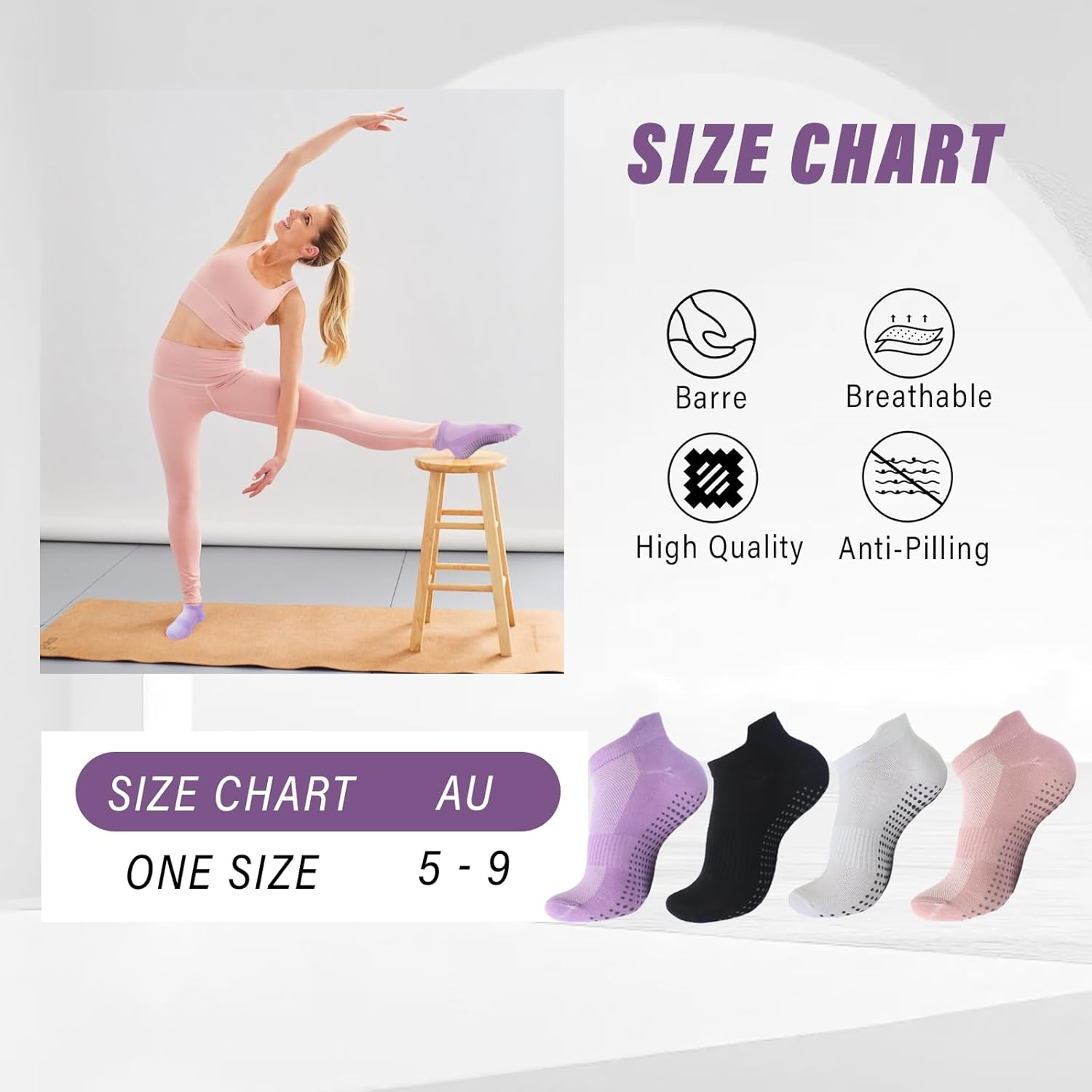 Viiotu 4 Pairs Pilates Socks for Women, Reformer Pilates Grip Socks with Breathable Mesh Yoga Socks, Non Slip Grip Socks for Dance Barre Barefoot Workout Ballet - White Black Purple Pink image number 3
